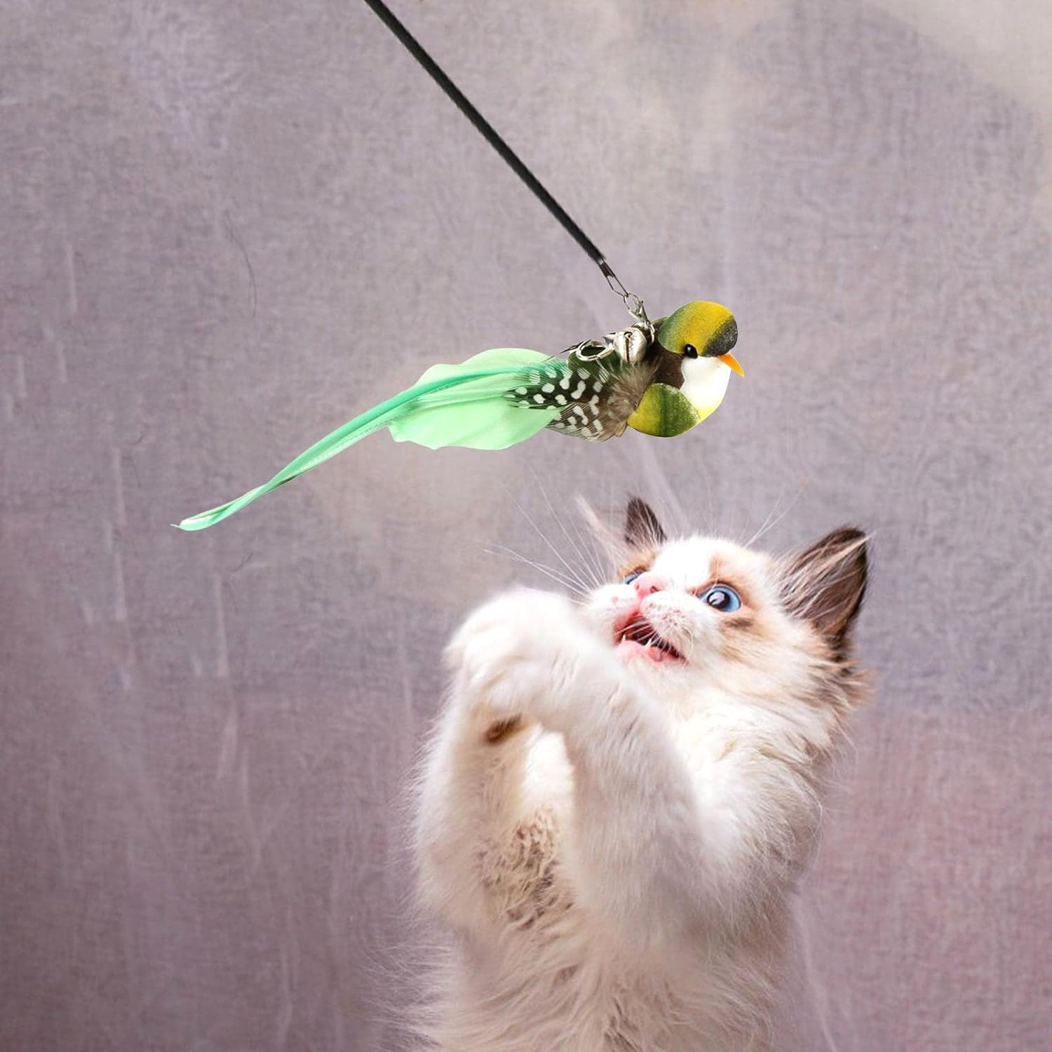Squarezhenbo Green Bird Cat Toy for Indoor Cats, Cat Toy Wand, Refills, Bird Replacement Head with Bell - Handmade Cat Toy Bird Replacement for Cat Wand, Cat Toy, Feather Toy