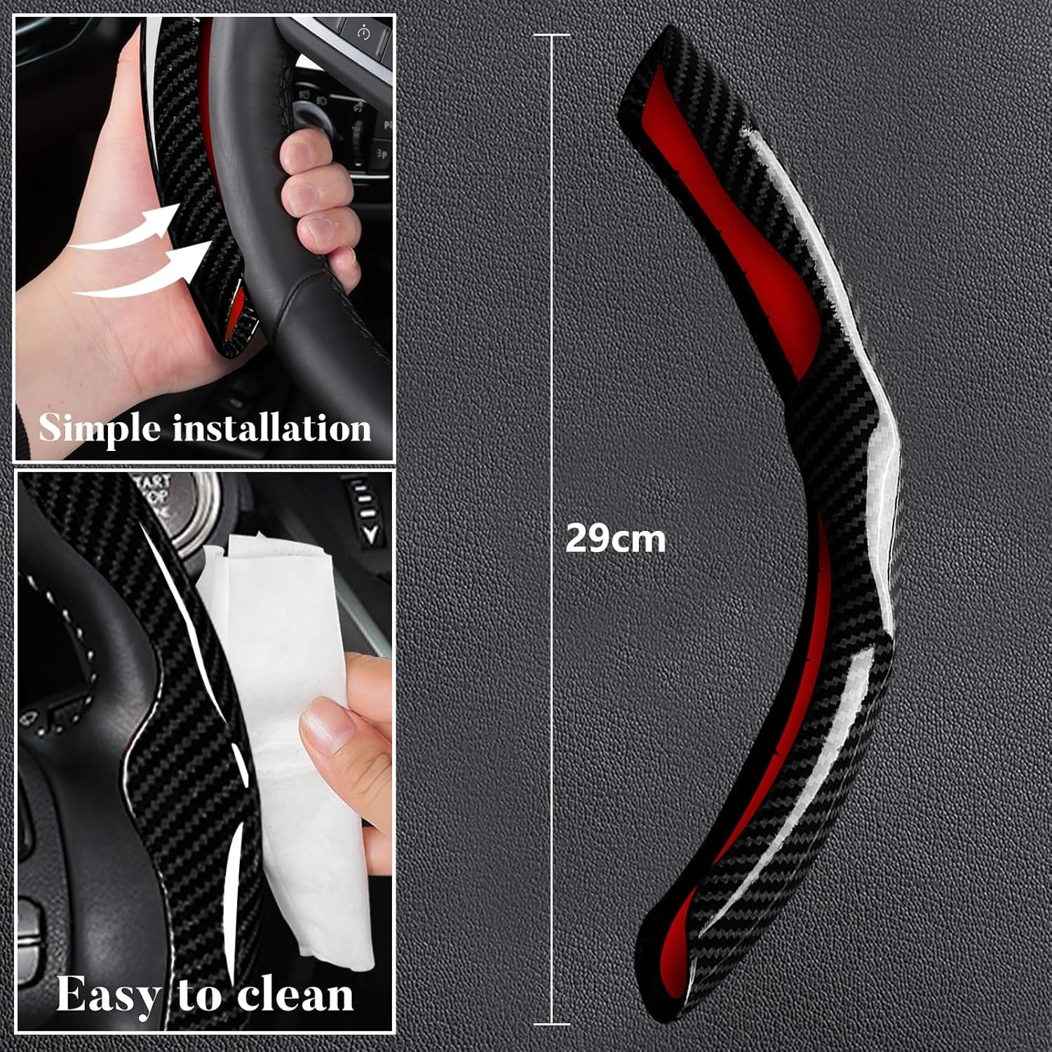 Car Steering Wheel Cover Bright Carbon Fiber, Steering Wheel Wrap Set Non-Slip 2Pcs Protector Interior Decoration 14-15 Inch Universal (Black) image number 3