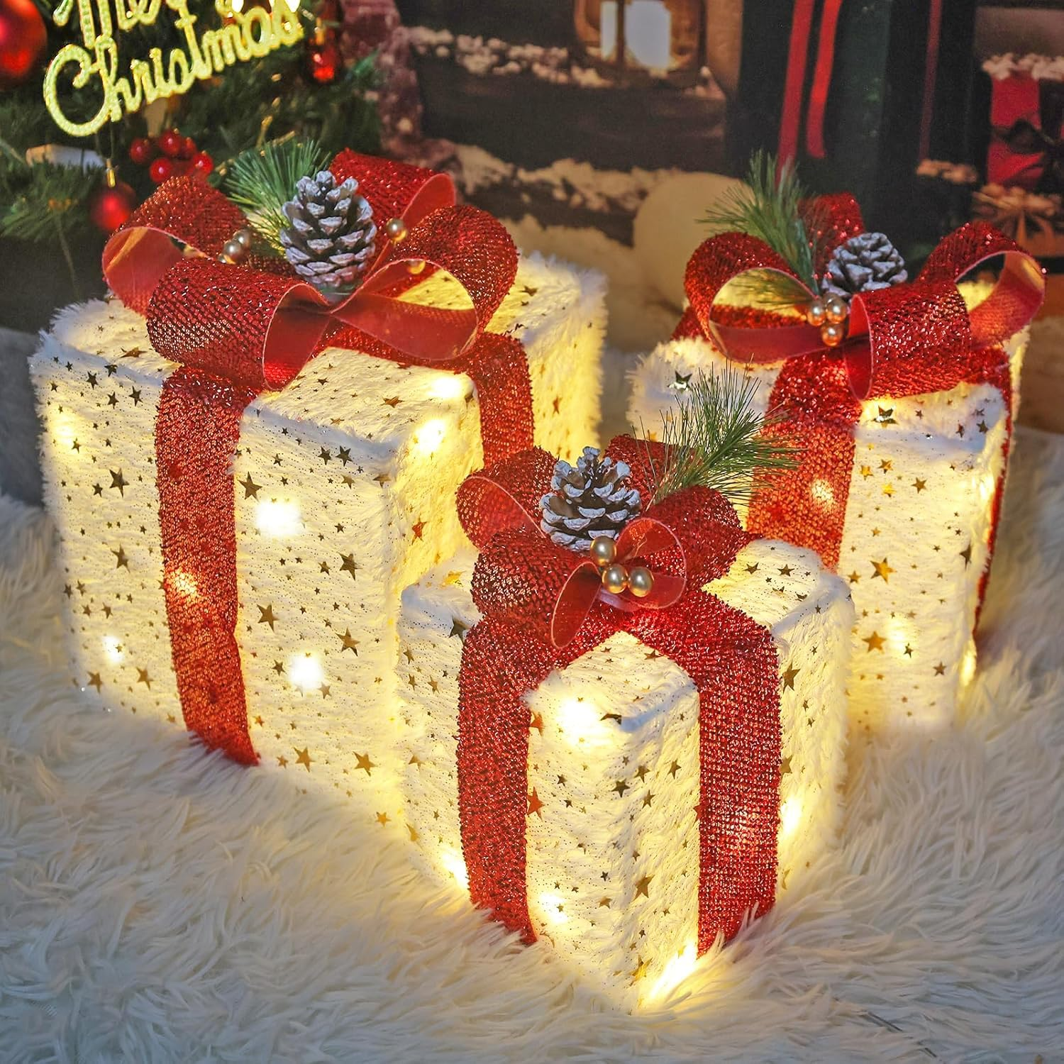 Christmas Lighted Gift Boxes Decorations, Set of 3 Light up Present Boxes Ornament with 8 Flashing Modes & Function, Christmas Tree Decorations for Indoor Home, Party, Lawn Decor image number 2