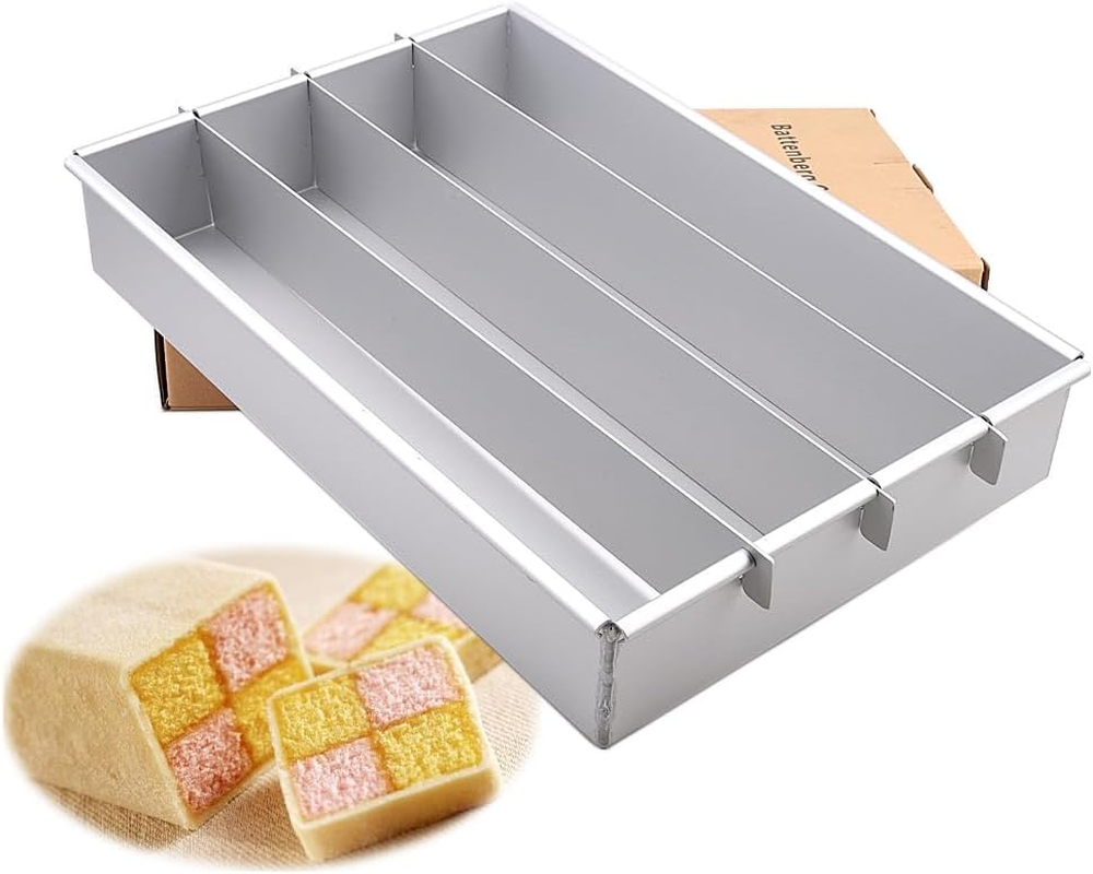 Lobake Adjustable Rectangle Shape Aluminium Alloy Battenberg Cake Mold Dessert Bread Pan Chiffon Tin with Dividers DIY Baking Supplies (Big Size 12 * 8 Inch)