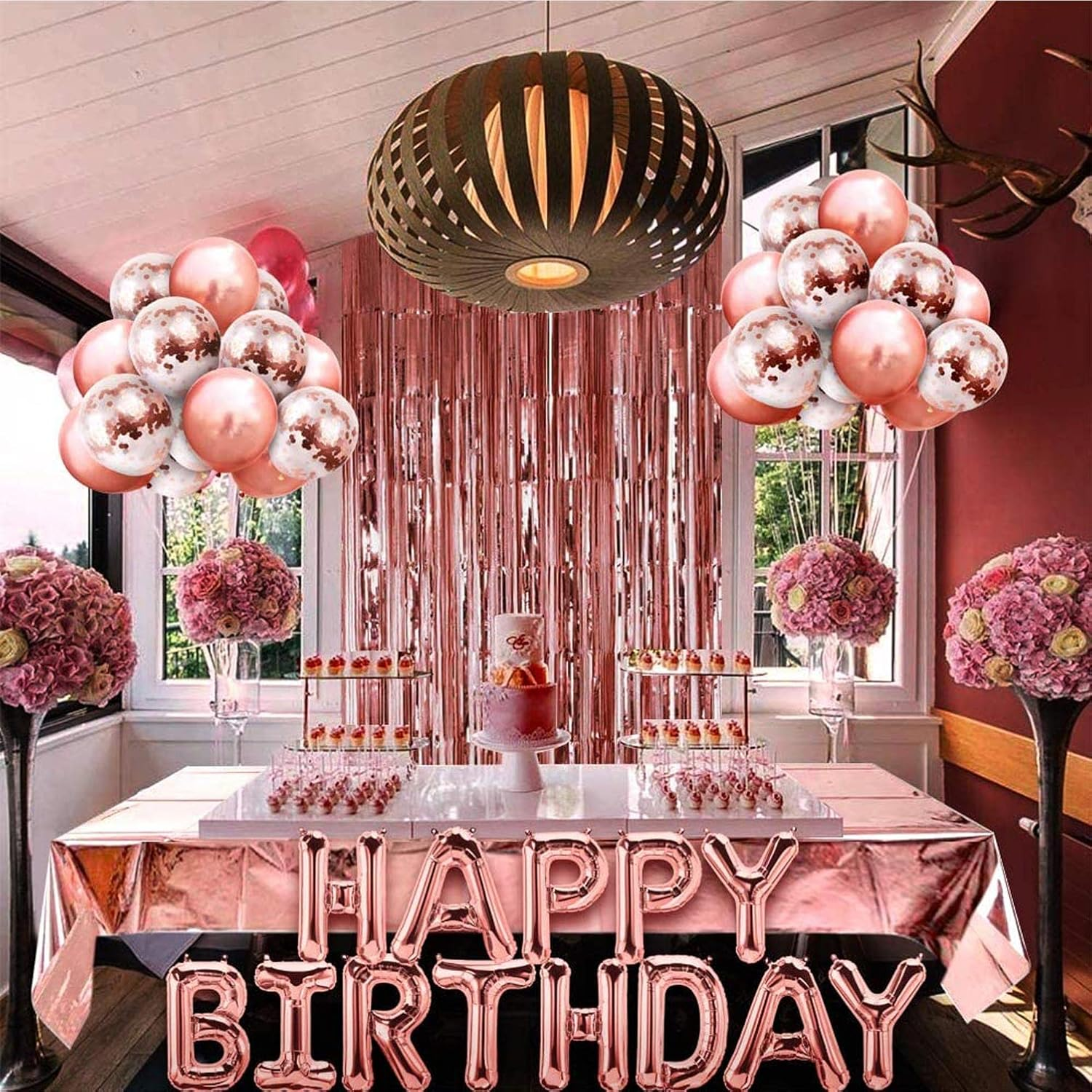DAWNTREES Birthday Balloons for Girls, Birthday Decorations, Happy Birthday Party Banners, Rose Gold Tassel Curtains, Aluminum Foil Tablecloths, Heart-Shaped Star Foil Confetti Balloons.(Pink) image number 6