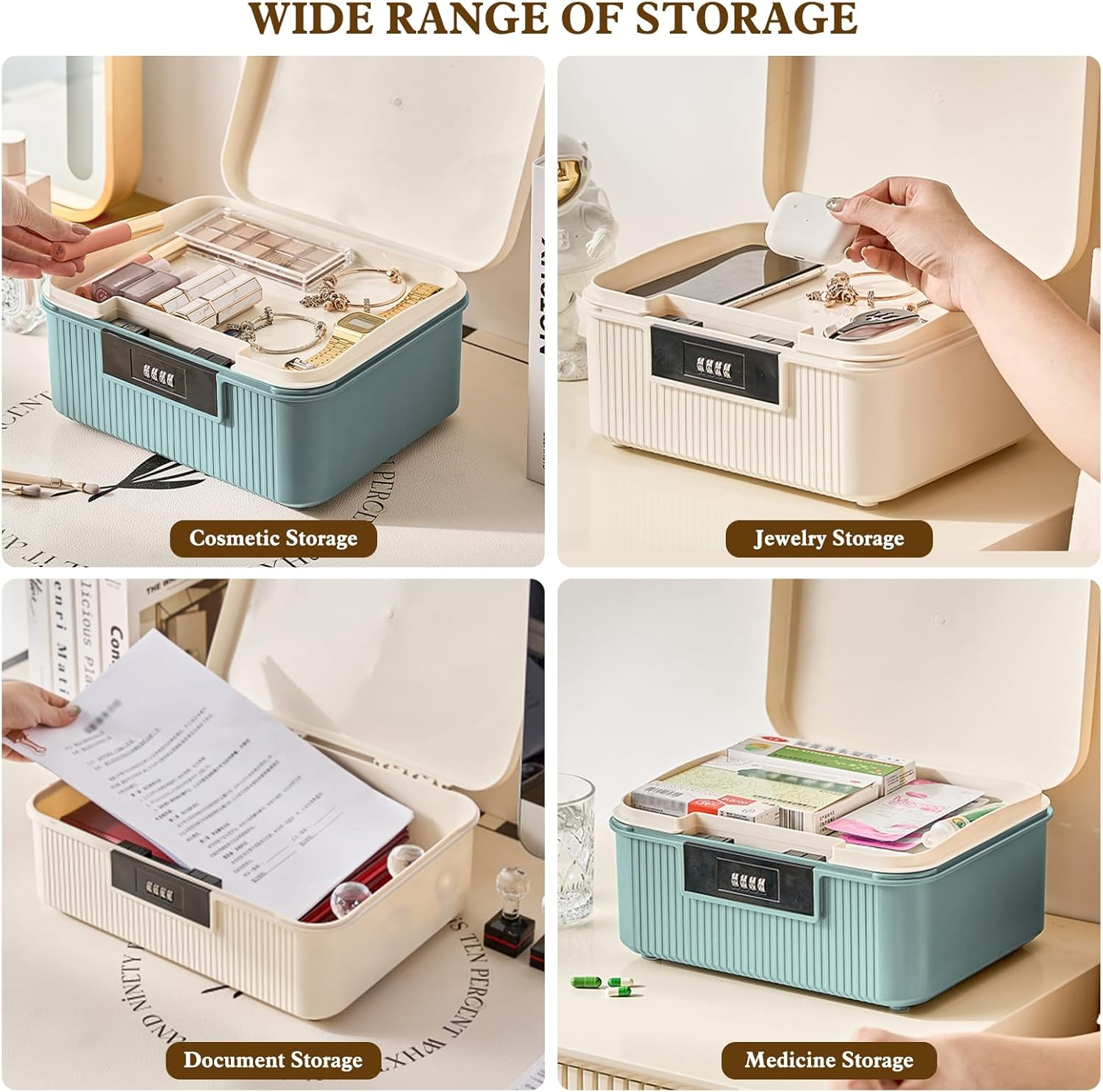 Lockable Storage Box, Double Layer Storage Lock Box for Files Organizer, Password Locking Storage Box, Lockable Storage Container for Home Office Kitchen Safety (White) - White image number 3