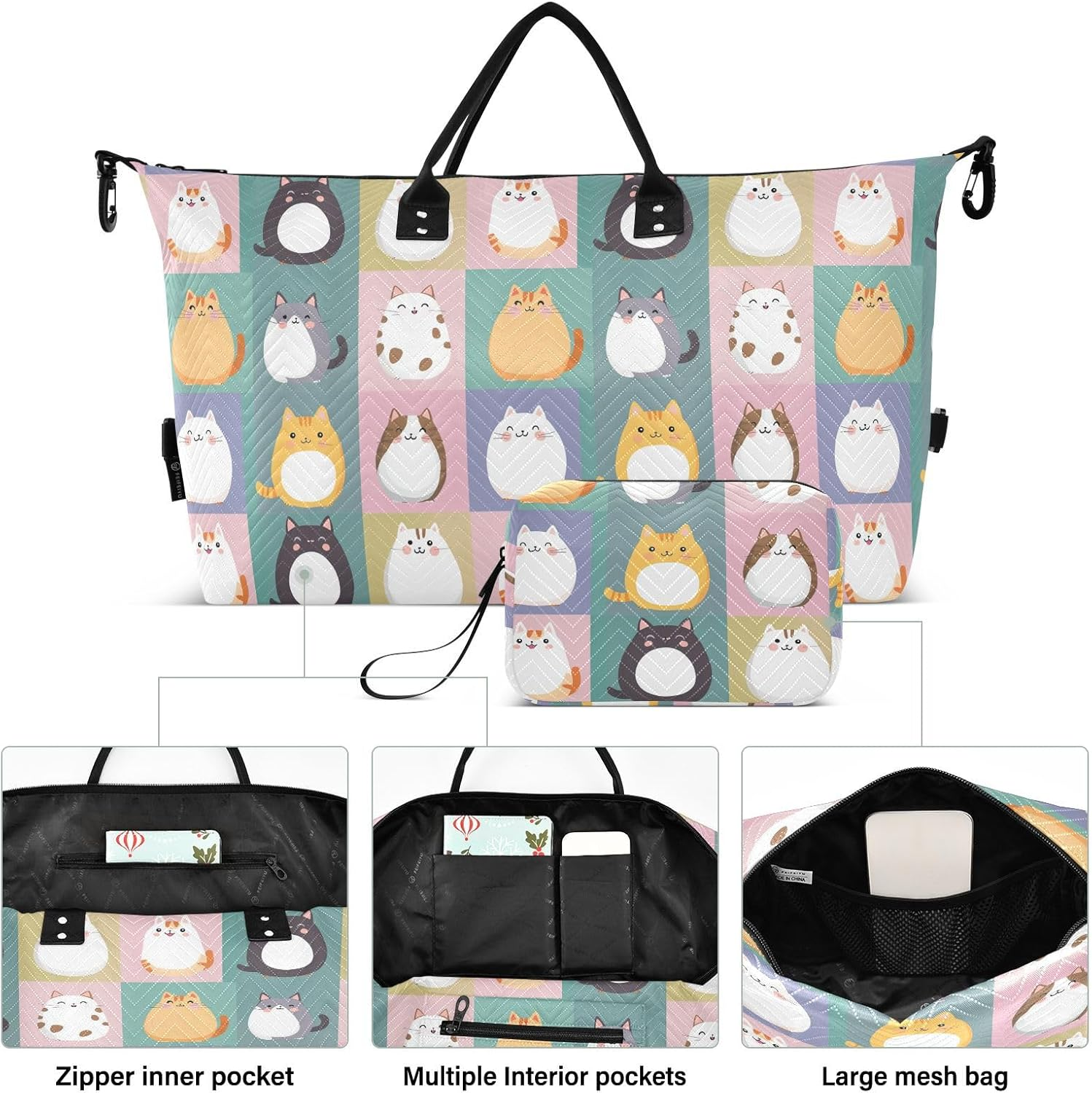 Travel Bag Travel Weekender Gear Bag with Adjustable Strap for Workout 2 Pcs Set, Cute Cartoon Cats Plaids image number 1