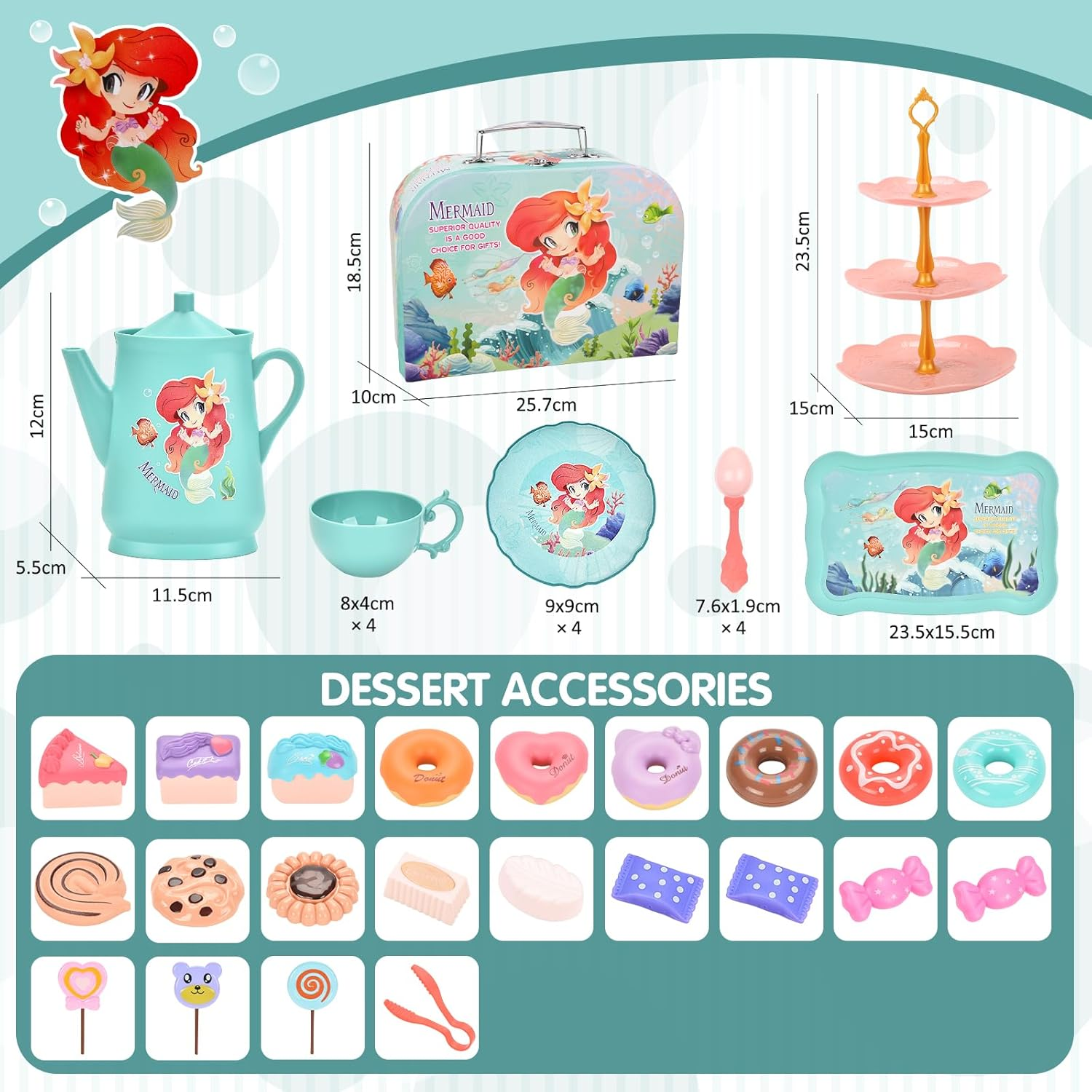 REMOKING 45PCS Mermaid Toys Tea Set for Girls,Birthday Gifts for Age 3+ Year Old Kids,Pretend Teapot,Dessert Playset, Carrying Case for Role Play,Princess Toy for Girls 2-6 Year Old