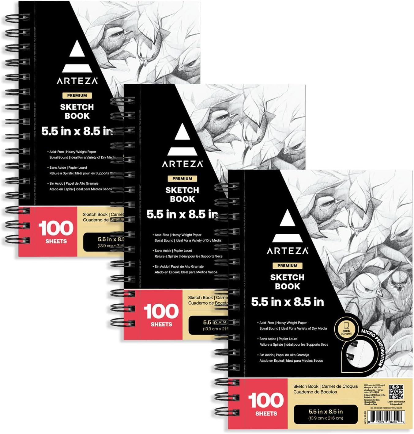 ARTEZA 5.5X8.5 Sketch Book, Pack of 3, 300 Sheets (68 Lb/100Gsm), Spiral Bound Art Supplies Pad, 100 Sheets Each, Durable Acid Free Drawing Paper, Ideal for Kids & Adults, Bright White image number 2