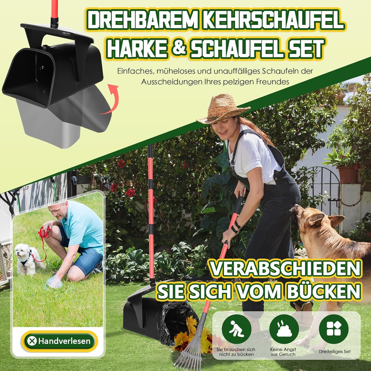 Dog Waste Scooper, Rotating Dustpan, Rake & Shovel with Waste Bags, Rotating Dog Waste Collector, Long Handle, Dog Waste Scooper for Garden, Leaves image number 1