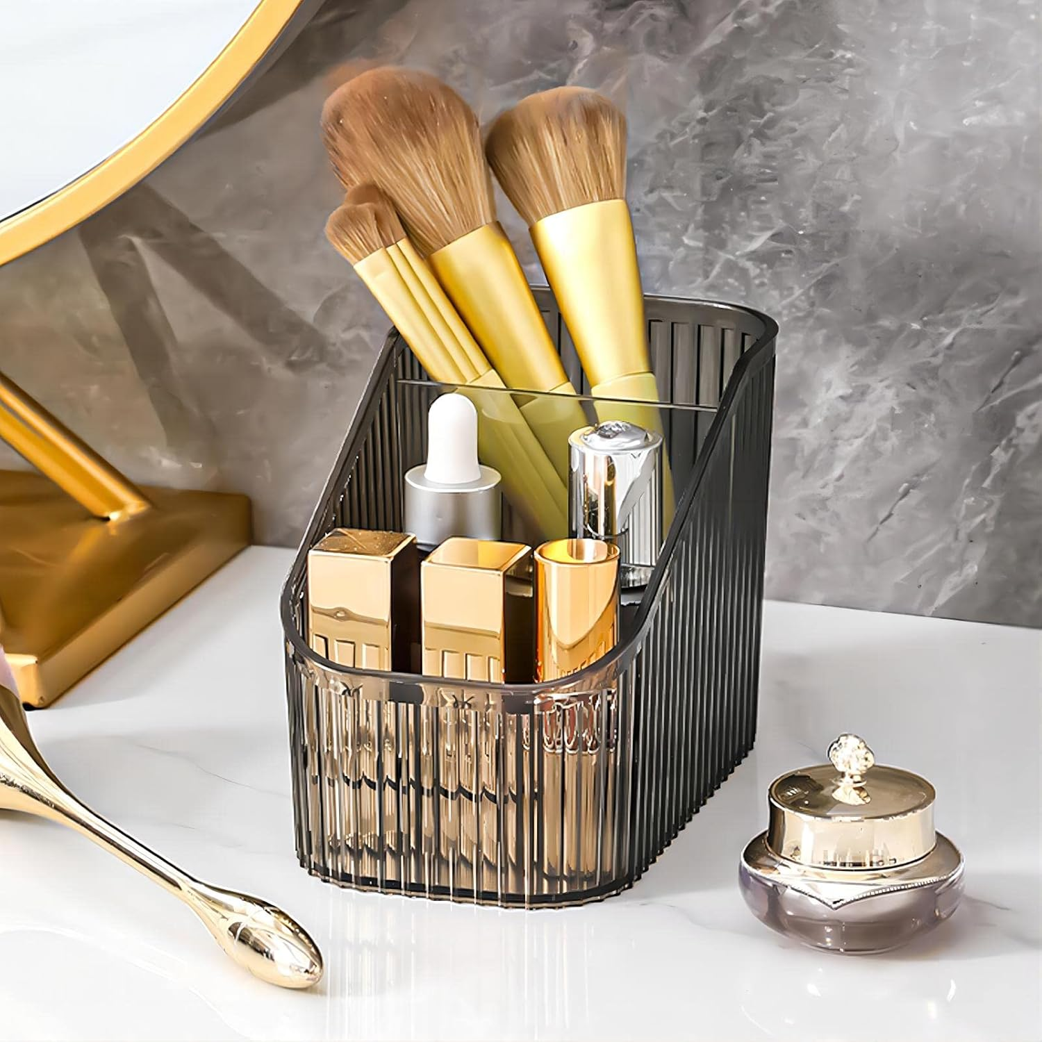 DASITON Large Capacity Makeup Brush Holder,3 Slot Makeup Brush Cup,Vintage Striped Makeup Brush Holder,For Vanity Decor,Bathroom Countertops,Desk Storage Container,Cosmetic Display Cases(Black S) image number 5