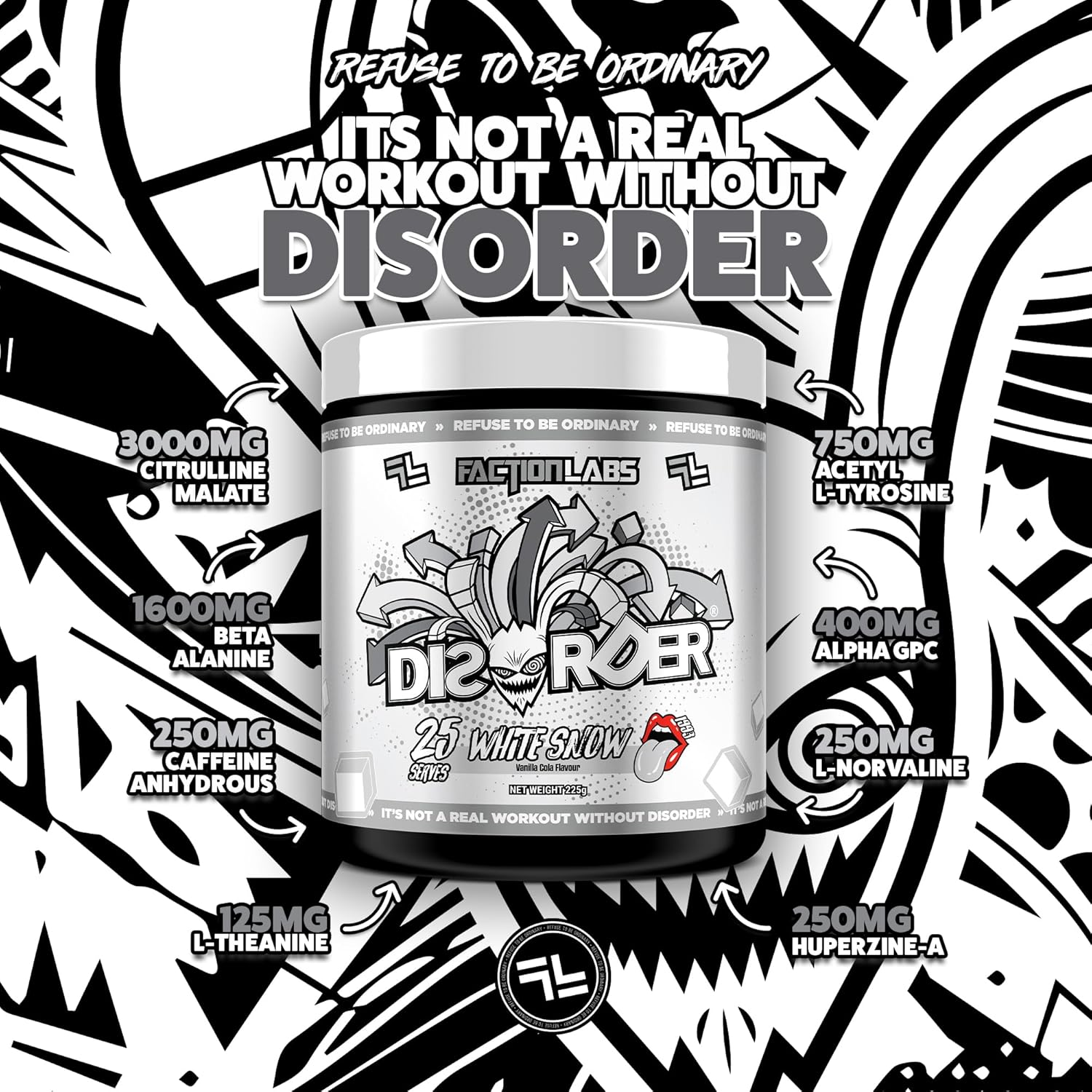 Faction Labs Disorder Original Pre Workout Powder, White Snow, Sugar Free Caffeinated Gym Supplement, 25 Serves, 225G image number 3