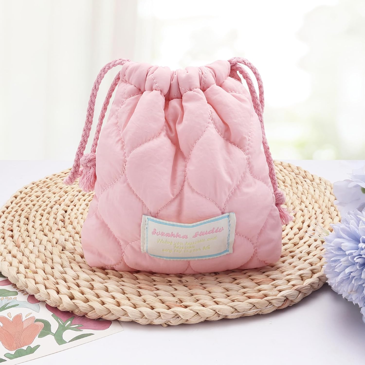 TUCEWP Cotton Quilted Drawstring Makeup Bag Small Cosmetic Bag Preppy Portable Toiletry Pouch for Purse Cute Pink Travel Organizer Bags Aesthetic Mini Storage Bags for Women Girls Kids Mama Gift image number 4