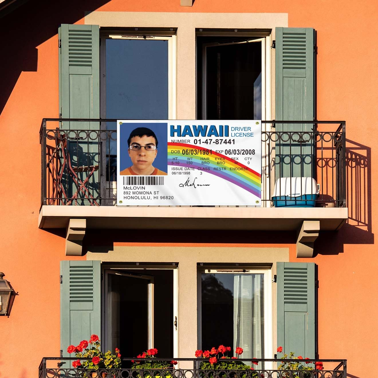 Large 3&times;5 FT Mclovin ID Flag, Big Fake Driver License 100D National Banner,Decor Garden with 4 Brass Gromment