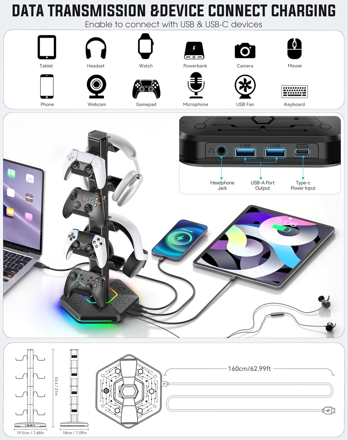 Kytok RGB Controller Holder for Ps5/Ps4/Xbox/Switch, Headphone Stand with 2 USB Charging Ports & Type-C & Headphone Jack, Controller Stand with Cable Organizer, Headset Holder for Desk, 4 Tiers Black image number 5