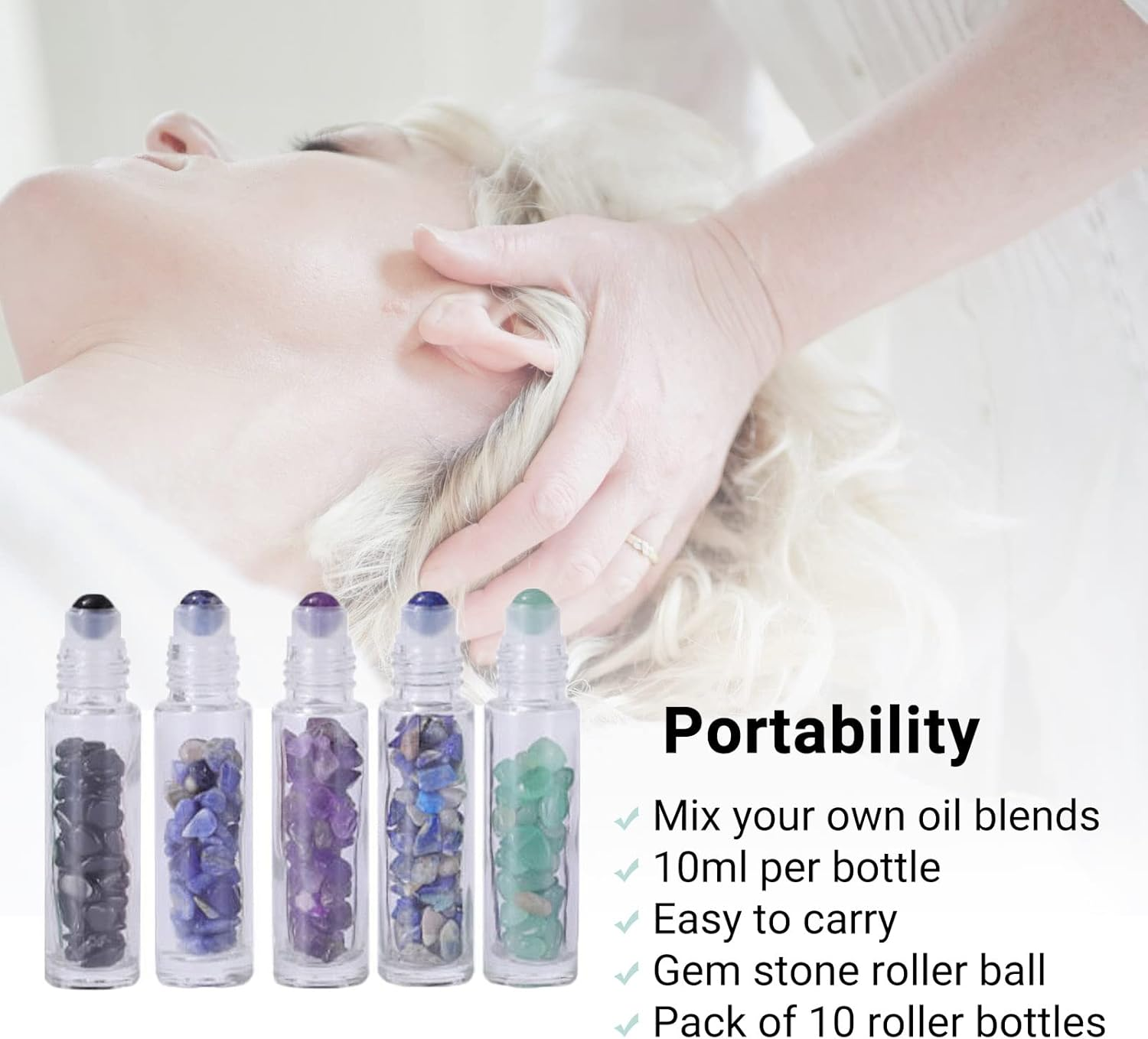 10Pcs Clear Essential Oil Bottles, 10Ml Natural Gemstones Essential Oil Bottles, Roller Ball Perfume Bottle with Crystal Stone Roller Balls and Healing Crystal Chips Inside