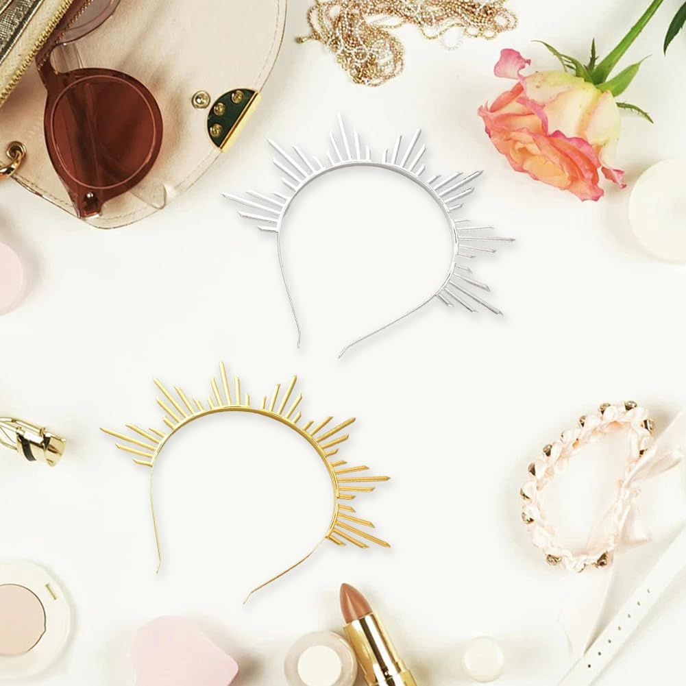 CABODYALS 2Pcs Gold Silver Sun Goddess Halo Crown Renfaire Sunburst Zip Tie Spikes Angel Celestial Headband Renaissance Cosplay Costume Headpiece Hair Bands for Women Wedding Halloween Dance Accessory image number 6