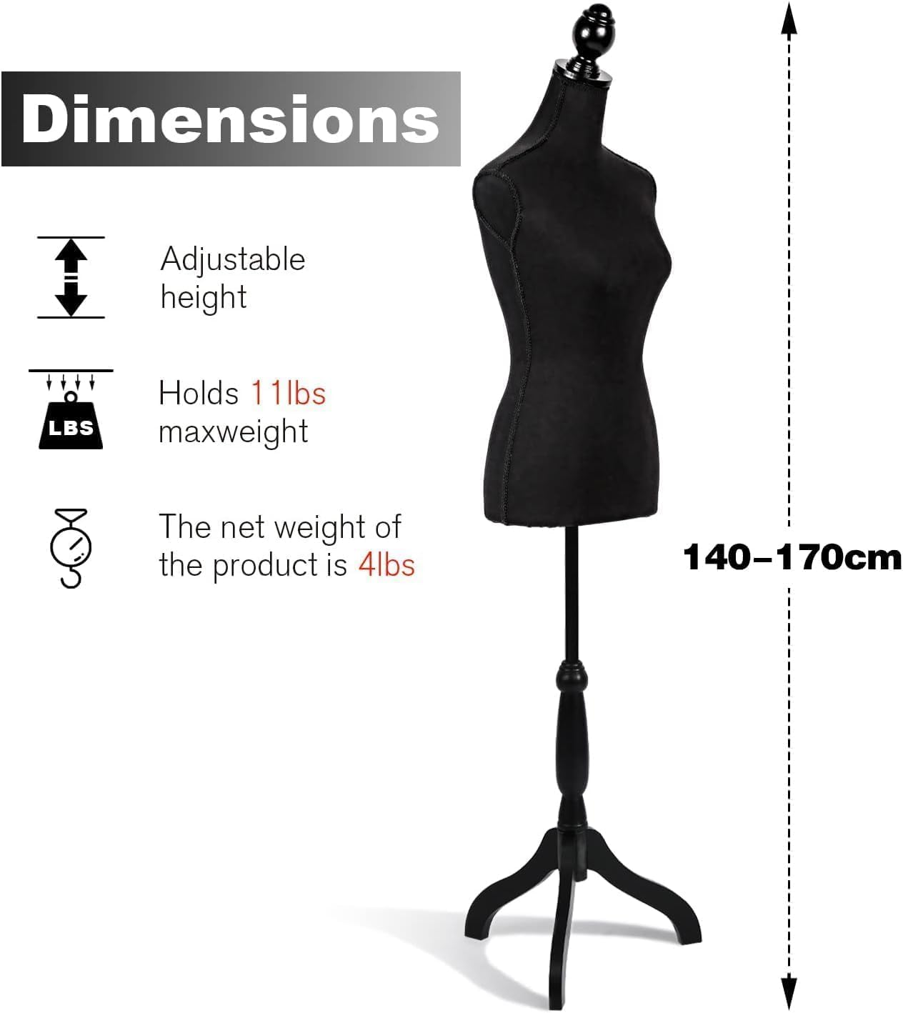 LIODUX Female Mannequins Torso Dress Form for Display Manikin Body Mannequin Stand, 150-170Cm Height Adjustable for Sewing Wooden Tripod Base, Foam Body (Black)