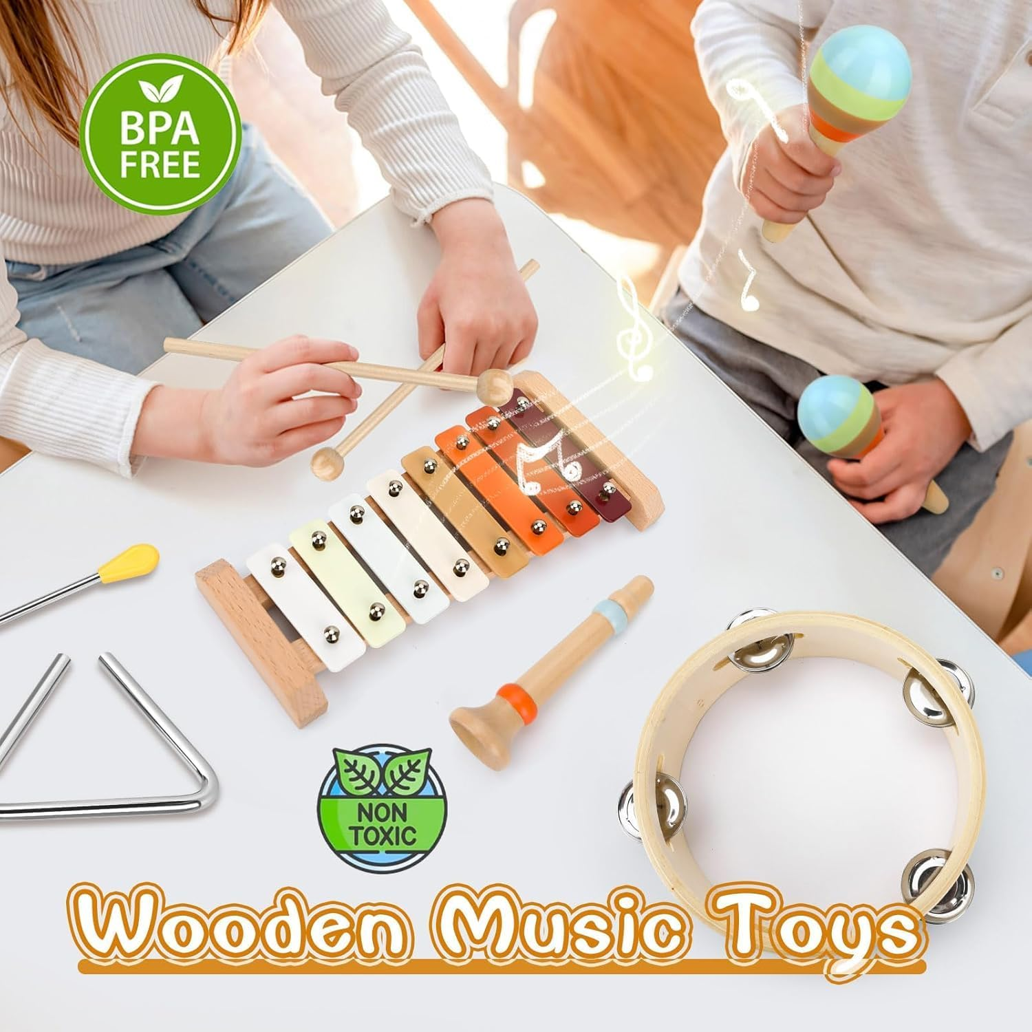 Kids Wooden Percussion Instruments Toy Set,7 in 1 Toddlers Montessori Musical Toys Music Enlightenment Percussion Toys Preschool Educational Music Toys for Boys Girls image number 2