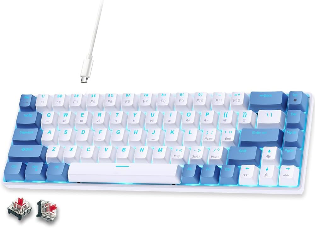 Abucow 60% Mechanical Gaming Keyboard, Black Switch Wired Compact Keyboard with Blue Backlight, Swappable White Keycaps, for Windows/Mac
