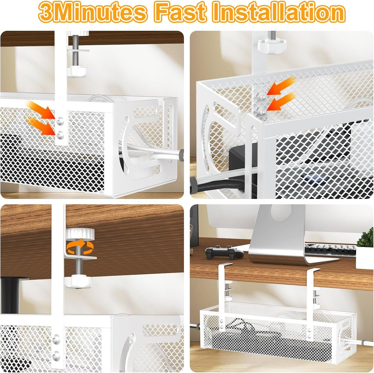 Under Desk Cable Management Tray No Drill, Metal Mesh Cable Organiser with Clamp for Desk Wire Management, Desk Cable Management Box and Cord Organizer for Office, Home (White) - Black image number 3