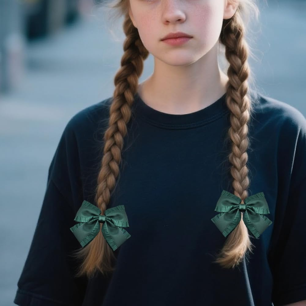 4 Inch Emerald Green Hair Bows with Ruffle Edge Cute Satin Bowknot Alligator Clips Hairpins Cute Ruffled Green School Cheer Bow Clips St Patricks Day Christmas Bows Hair Accessories for Girls 2 PCS - Pink image number 6