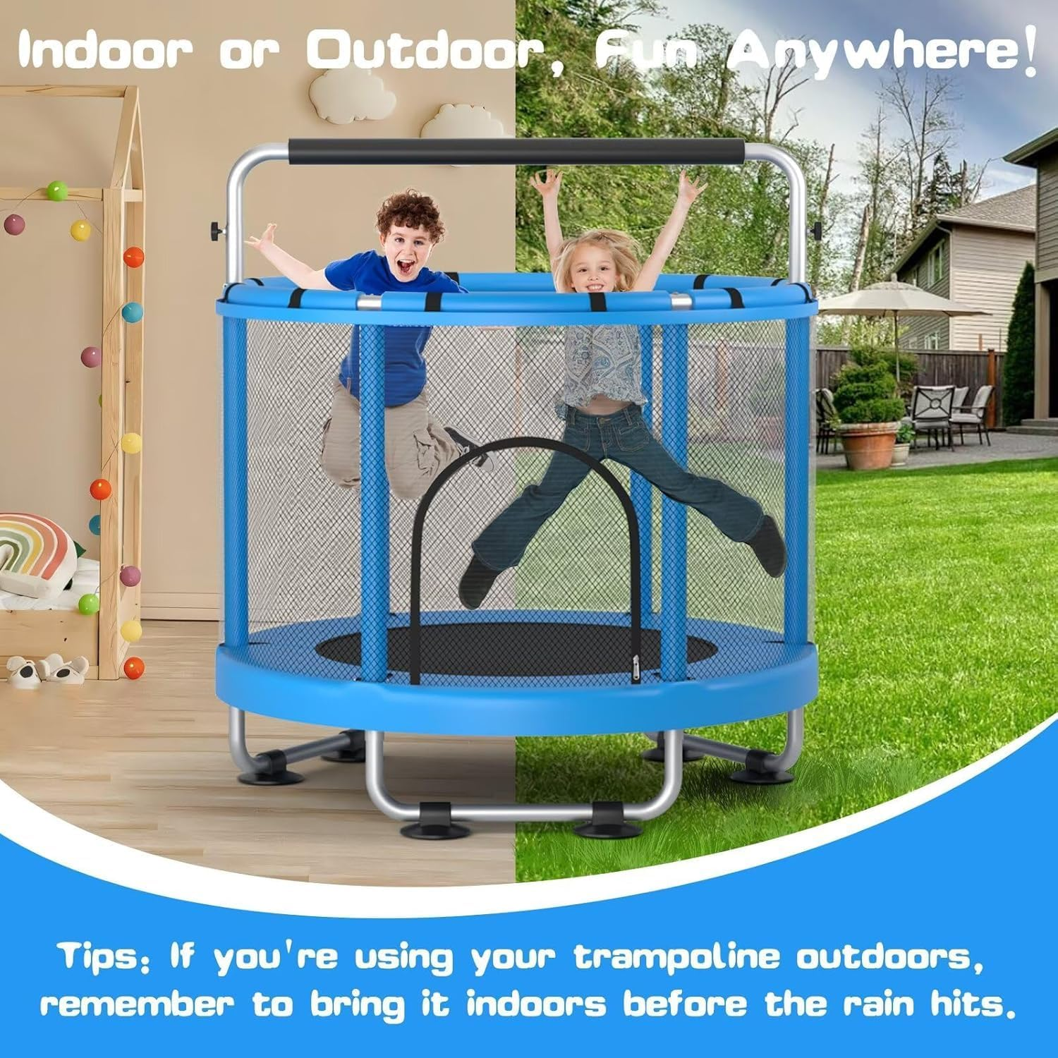 60" Trampoline for Kids with Enclosure, 440Lbs Capacity Indoor & Outdoor Toddler Trampoline with Adjustable Gymnastics Bar & Toys, for Boys & Girls (Blue) image number 6