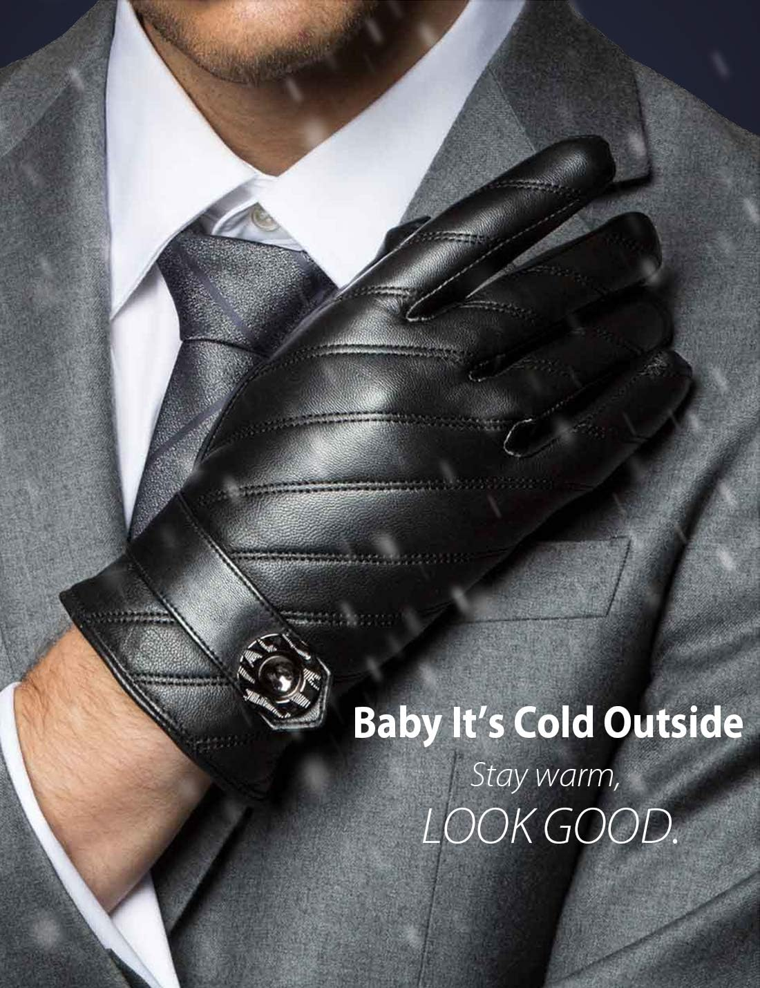 YISEVEN Men'S Touchscreen Lambskin Leather Gloves Fleece Lined Diagonal Stripe and Button Belt Luxury Stylish for Winter Hand Warm Fur Lined and Motorcycle Driving Christmas Xmas Gift Black 9/M image number 2