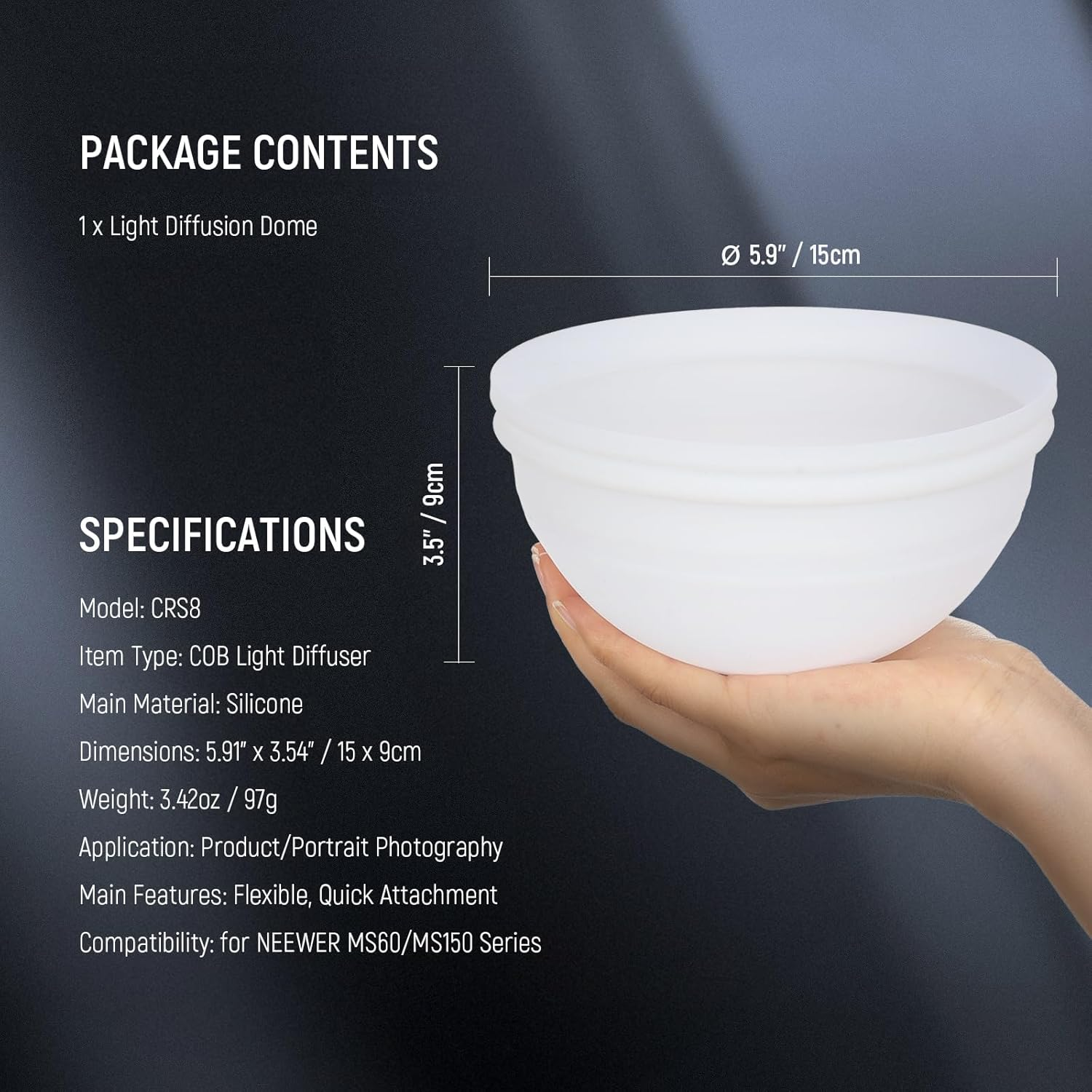 NEEWER COB Light Diffuser for MS60/150 Reflector, Silicone Diffuser, Soft Lighting Accessory for Dedicated Reflector of NEEWER MS60 MS60B MS60C MS150 MS150B MS150C LED Video Lights, CRS8 image number 4