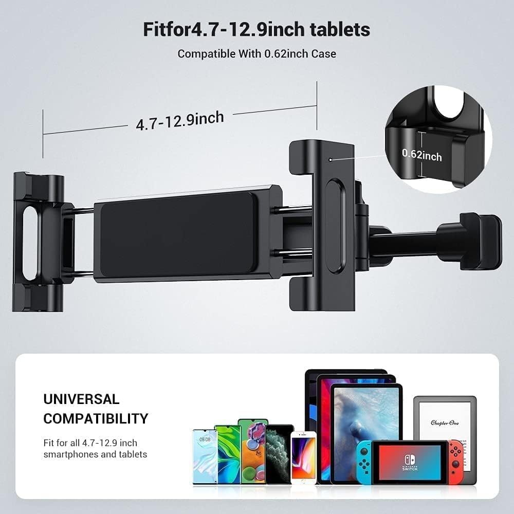 Car Headrest Tablet Mount, Tablet Ipad Holder for Car Universal 360&deg; Rotating Adjustable, Stretchable Car Back Seat Stand Cradle for 4.7~12.9 Inch Tablets, Smartphone, Ipad, Iphone, Samsung, Switch image number 5