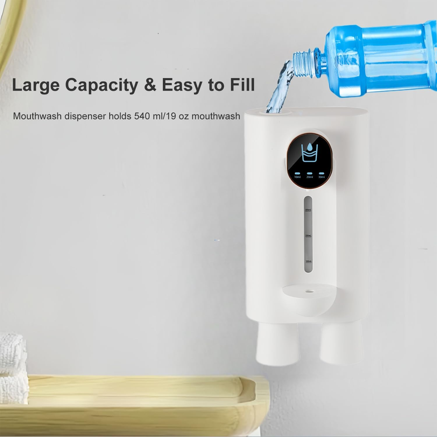 Mouthwash Dispenser, Automatic Touchless Mouthwash Dispenser for Bathroom, 3-Mode Adjustable, 540Ml Mouth Wash Dispenser with 2 Magnetic Cups, Wall Mounted, White image number 5