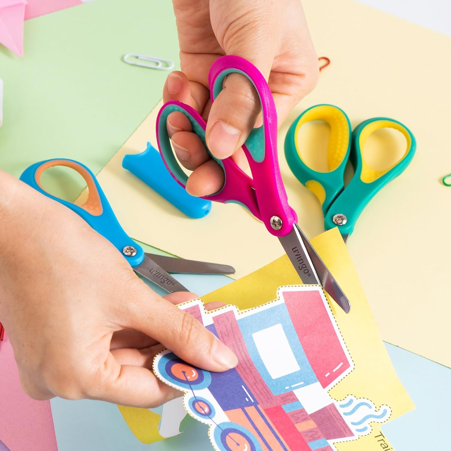 LIVINGO Left Handed Kids Scissors: Blunt Tip Safety Lefty Toddler Child Scissors for School Craft Cutting Paper - 3 Pack 5 Inches Comfort Grip Green, Rose Pink, Blue image number 4