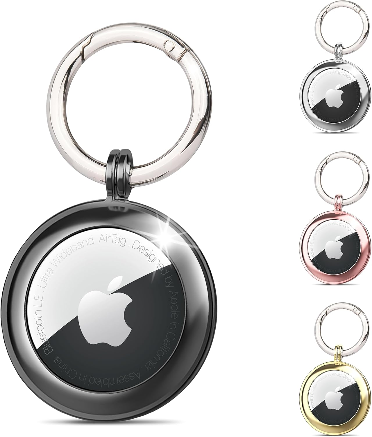 RECKNEY Metal Airtag Keychain Case- Airtag Keyring Compatible with Apple Airtag - Air Tag Bumper - Apple Airtag Holder for Keys, Wallets, Bags, Kids, Backpacks, Dogs and Cat Collar Pets, Black, Airtag