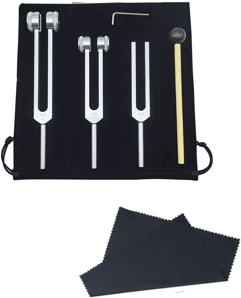Tuning Forks Set,Armastuse 4 Pack Tuning Fork Set(128Hz, 256Hz, 512Hz) with Tuning Fork Hammer for Sound Sound Vibration Tool(Silver) image number 1