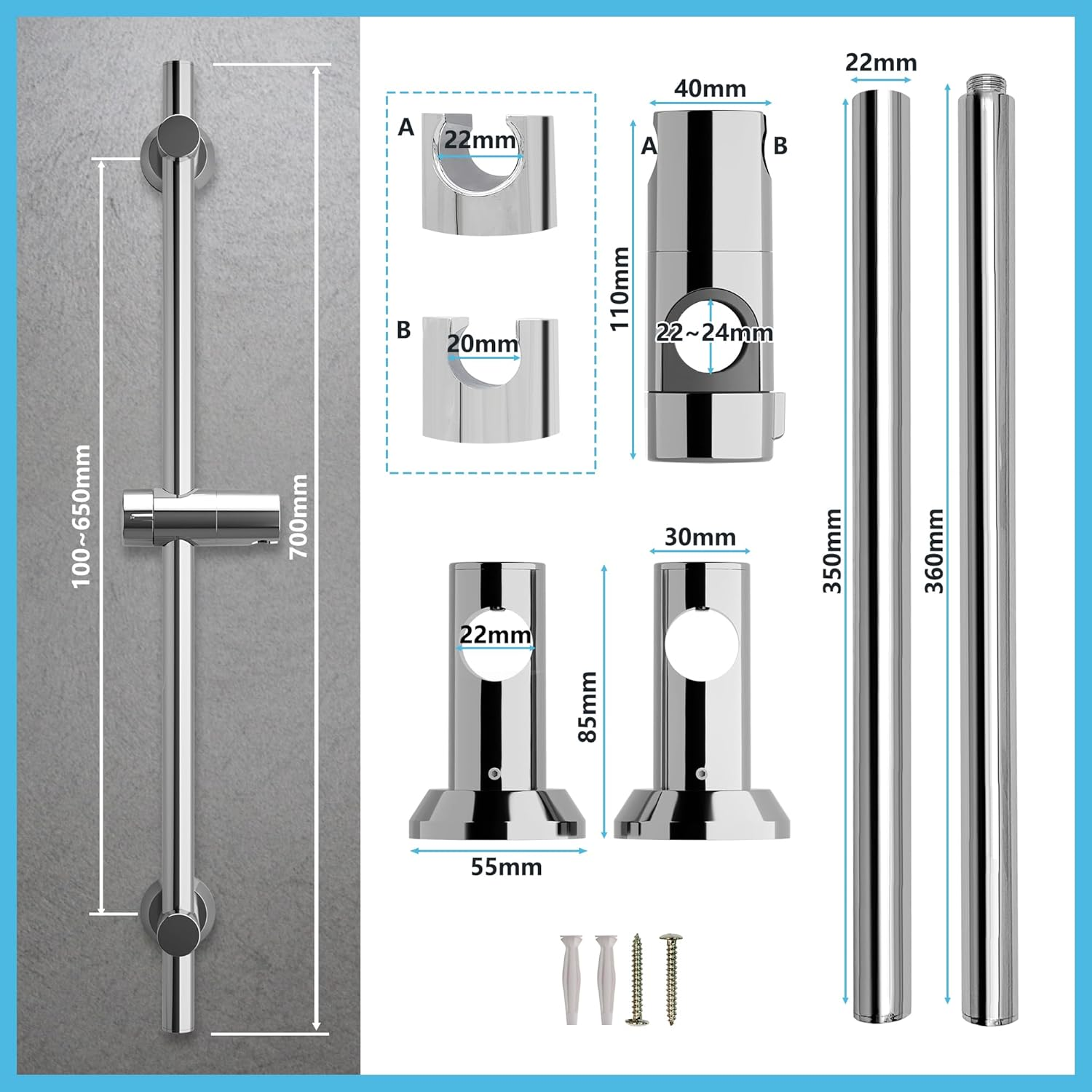 G&ouml;rbach Shower Set Shower Rail with Shower Head Holder Stainless Steel Shower Rail 70 Cm Shower Wall Rail with Variable Wall Fixings for Variable Adaptation to Existing Drill Holes Chrome image number 2