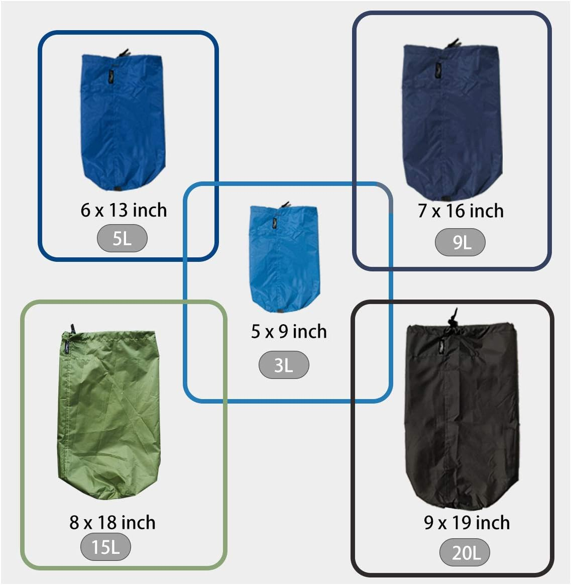 Frelaxy Stuff Sack Set 5-Pack (3L&5L&9L&15L&20L), Ultralight Ditty Bags with Dust Flap for Traveling Hiking Backpacking - Sky Bluebluenavyarmy Greenblack image number 5
