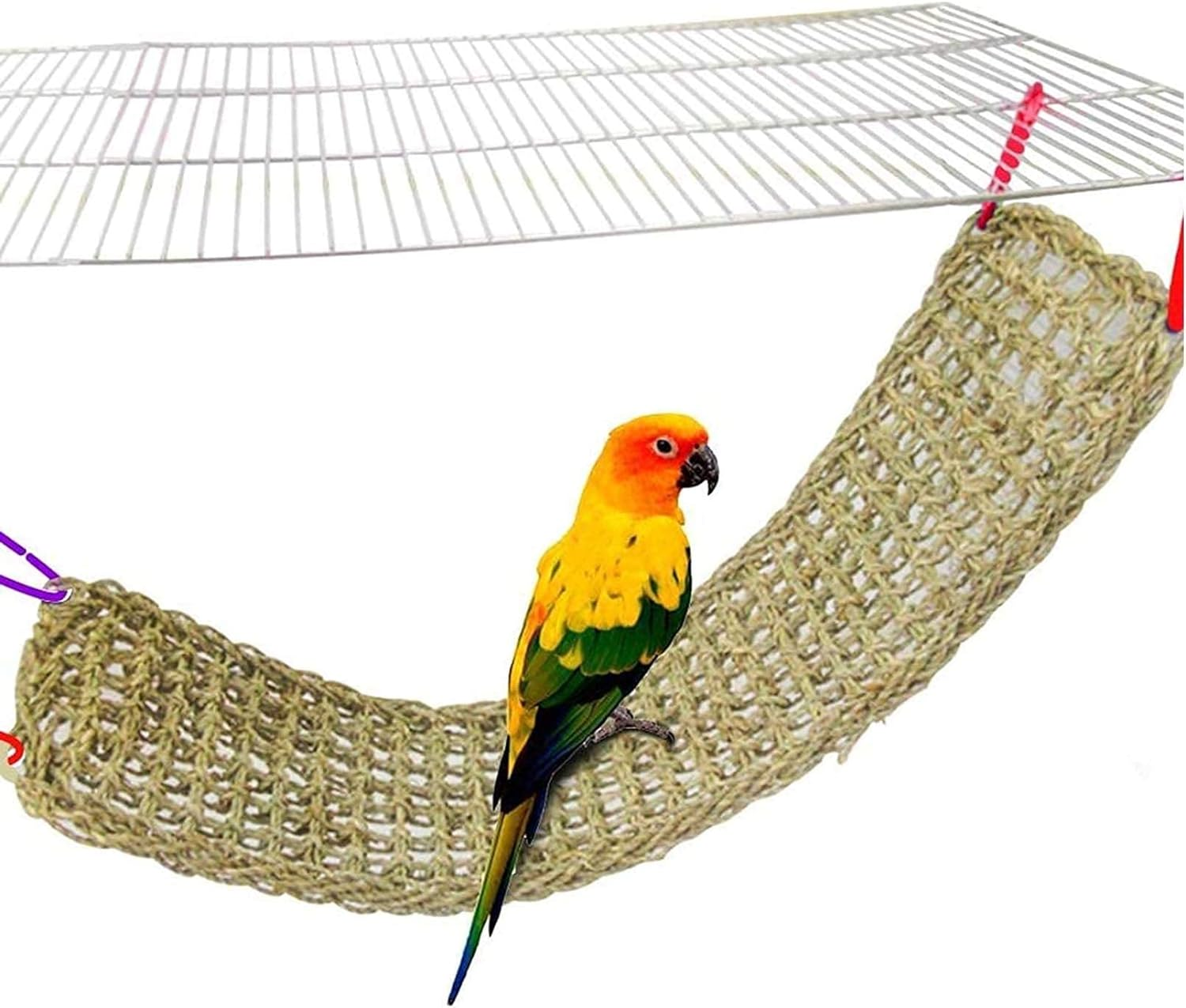 Bird Seagrass Mat,Natural Grass Woven Net Hammock Hanging on Parrot Cage with 4 Hooks,Parakeet Climbing Rope Ladder Chew Toys for Lovebird Cockatiel Conure Budgie,Cockatoo Supplies 28.3" X 6.7"Dgie image number 6