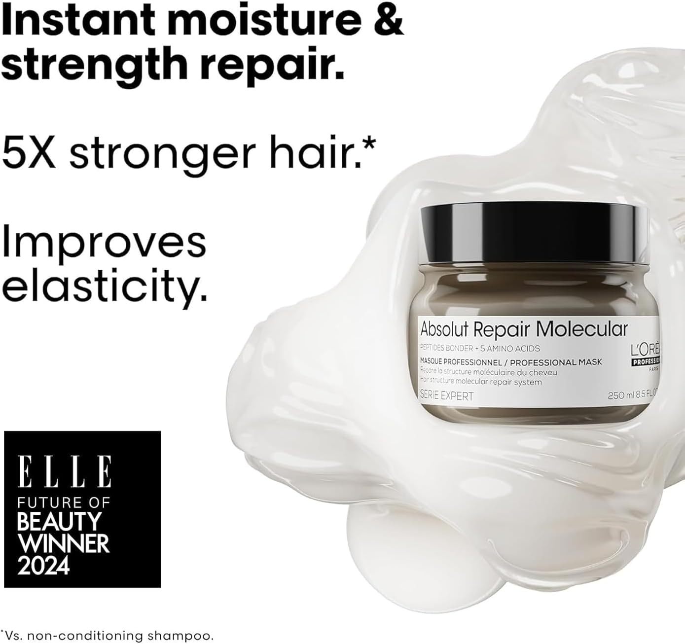 L&rsquo;Or&eacute;al Professionnel Absolut Repair Molecular Hair Mask - Repairs Damage & Restores Strength for Extremely Dry Damaged Hair, Extra Detangling & Hydration, Peptides Bonder image number 2