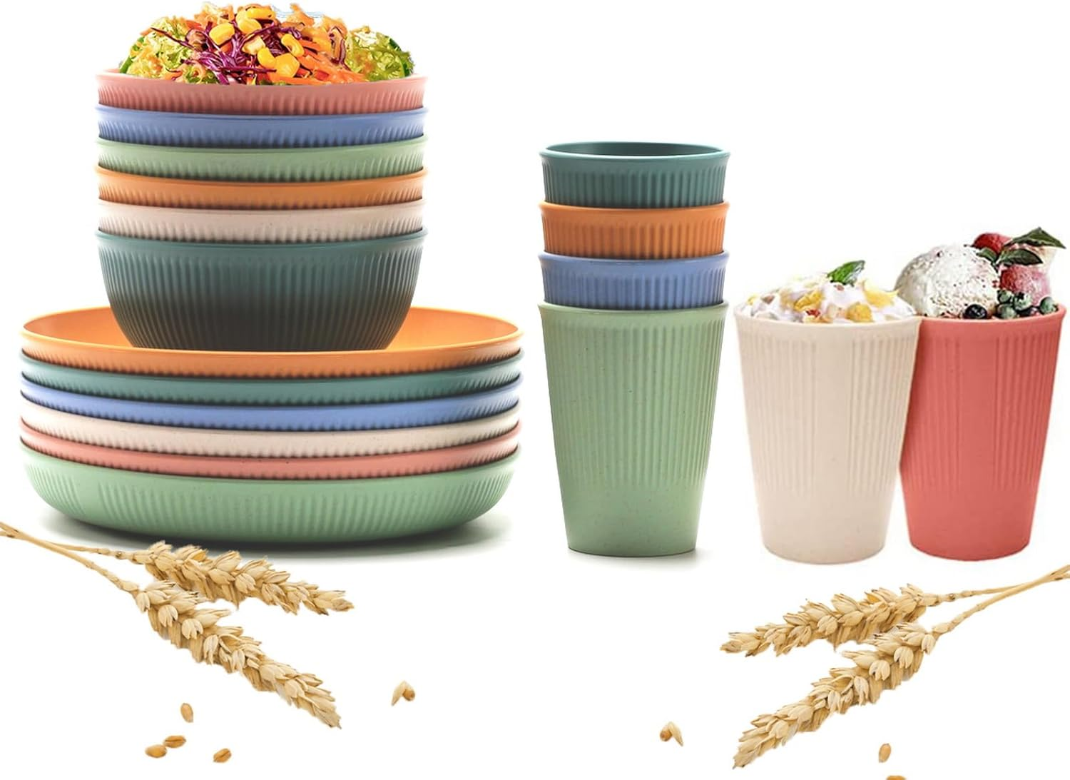 18Pcs Wheat Straw Dinnerware Serving Set for 6, Colorful Lightweight Plates Bowls Cups Sets, Unbreakable Reusable Plates, Microwave Dishwasher Safe, Perfect for Camping, Picnic, Outdoor Barbecue image number 1