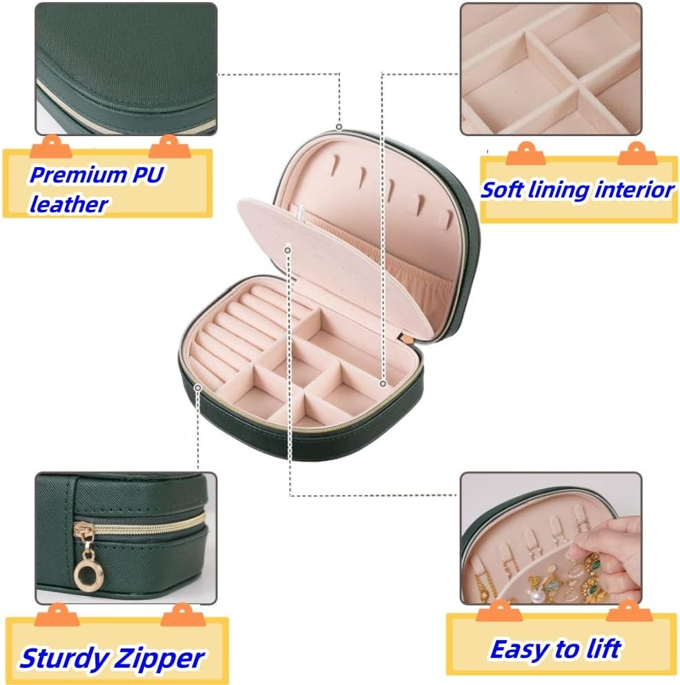 Jindizi Portable Jewelry Box, Small Travel Double Layer PU Leather Mini Jewelry Display Case Earring Necklace Bracelet Ring Organizer Holder Box-Emerald image number 5