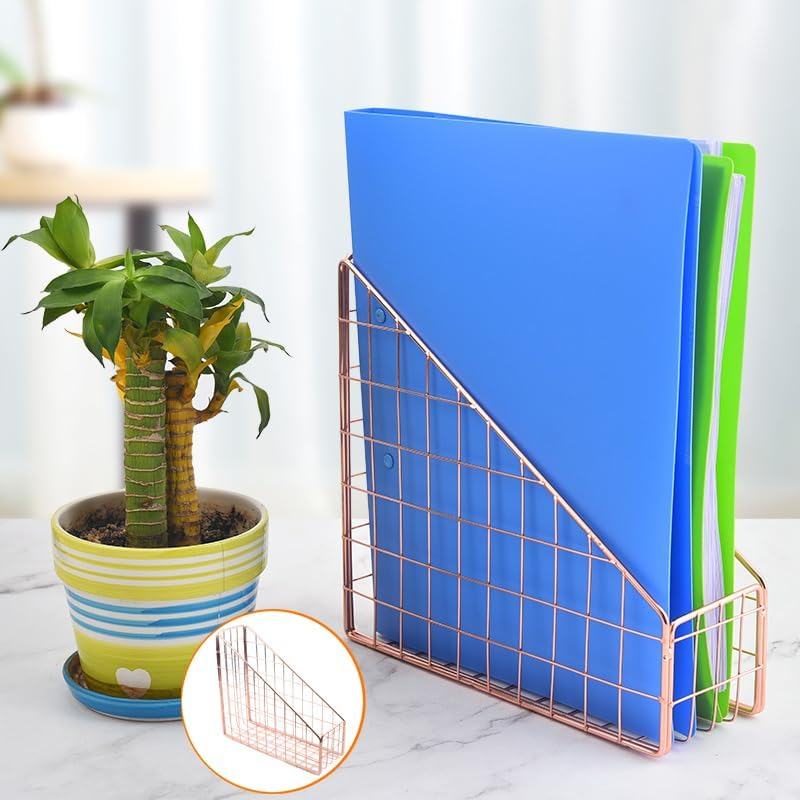 Coshar Minimalist File Holder Metal Wires Magazine Organizer Document Rack Letter File Storage Organizer Desktop Accessory - Rose Gold image number 2