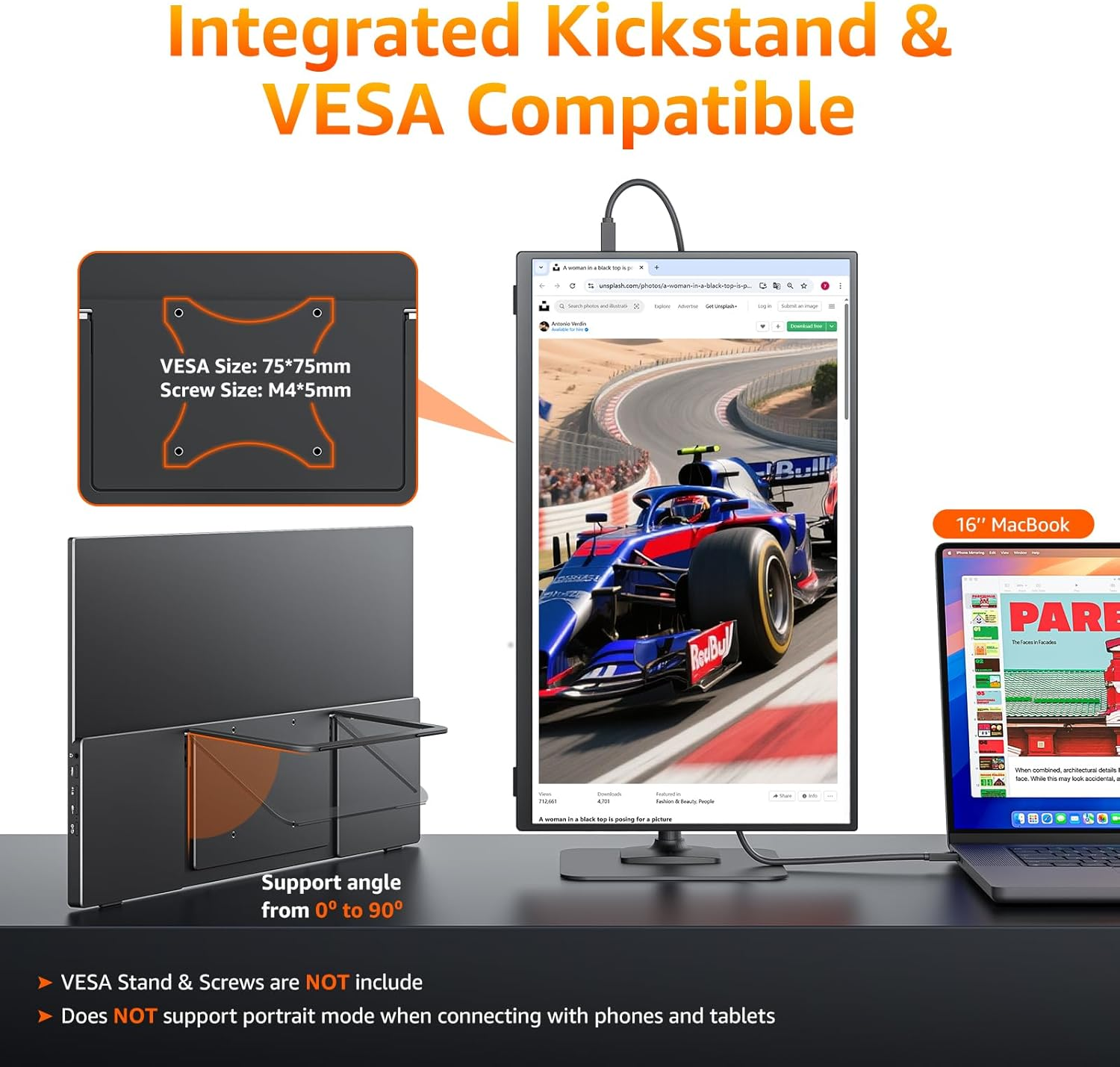 Kksmart Portable Monitor 18.5 Inch 1080P FHD 128% Srgb 100Hz, Portable Screen for Laptop Macbook Surface PC Xbox PS5, HDMI Dual USB-C VESA Compatible Built-In Speaker, with Kickstand image number 3