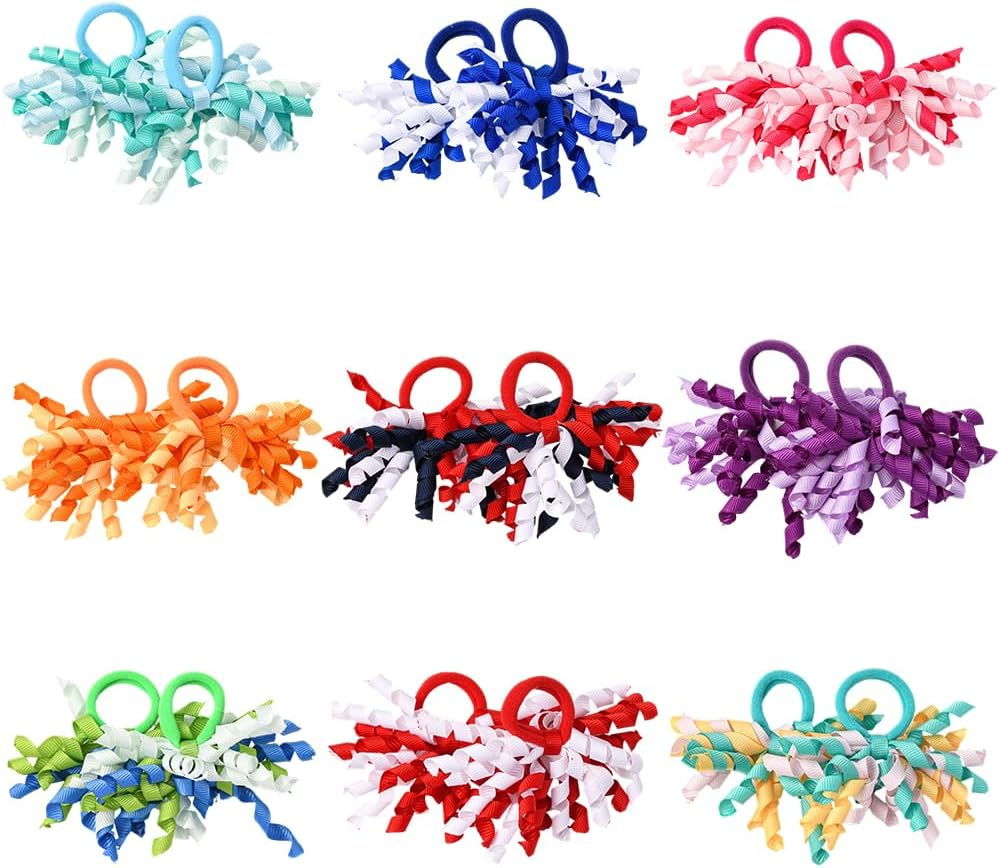 SOFPLATE Pack of 18 9 Colours Curling Bands Hair Bows Colourful Hair Bands Bows Rainbow Corker Elastic Polyester Bow Boutique Curls Ponytail Holder Accessories for Short Long Hairstyle DIY Decoration image number 6