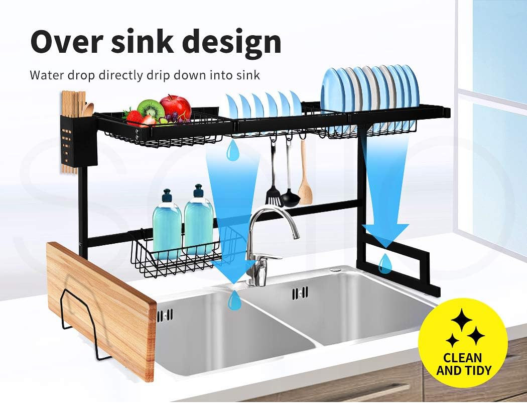 TOQUE over Sink Dish Drying Rack 2 Tier 65Cm Length Double Sink,Stainless Steel Kitchen Drainer Cutlery Utensil Plate Organizer Black,Freestanding Large Storage Multiple Baskets Board for Countertop image number 5