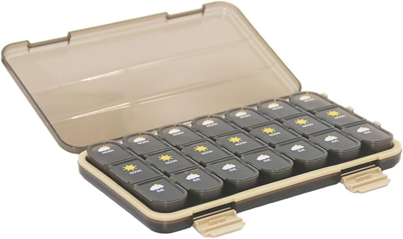 Weekly Pill Organizer, 3-Times-A-Day Pill Container 7 Day Vitamin Pill Box Portable Travel Medicine Box Medicine Dispenser Case for Vitamins Fish Oils Supplements (Brown 21 Grids)