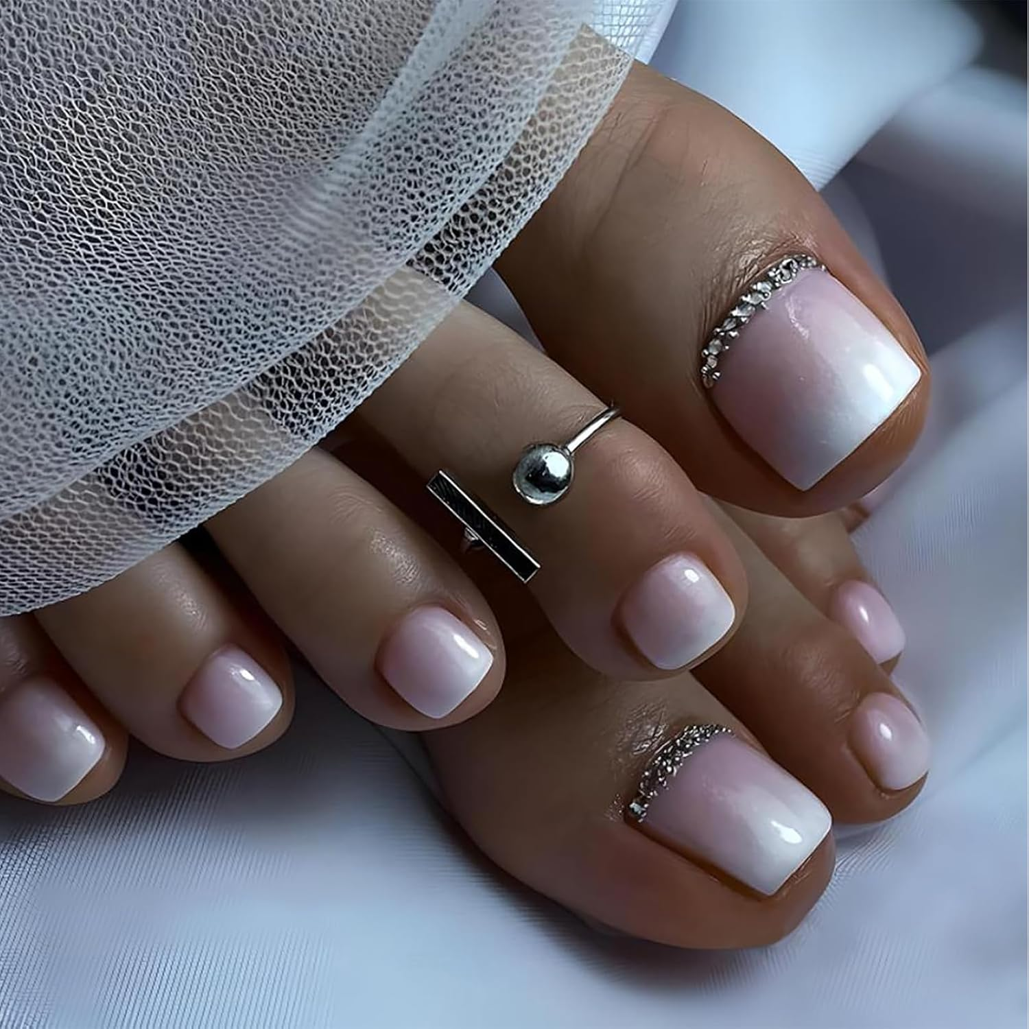NATOSU 24 Pieces Short Press Toenails Square Fake Toenails Pink White Gradient False Toe Nails with Rhinestone Designs Acrylic Toe Nails image number 2