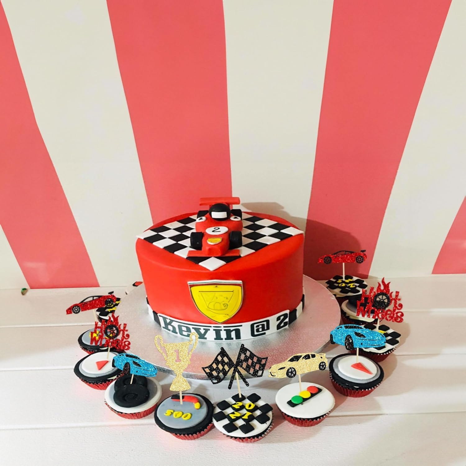 Confetti! 24Pcs Race Car Cupcake Toppers Glitter Traffic Light Steering Wheel Trophy Flag Racing Car Cupcake Pick Decorations for Let'S Go Racing Sports Theme Birthday Party & Baby Shower image number 2