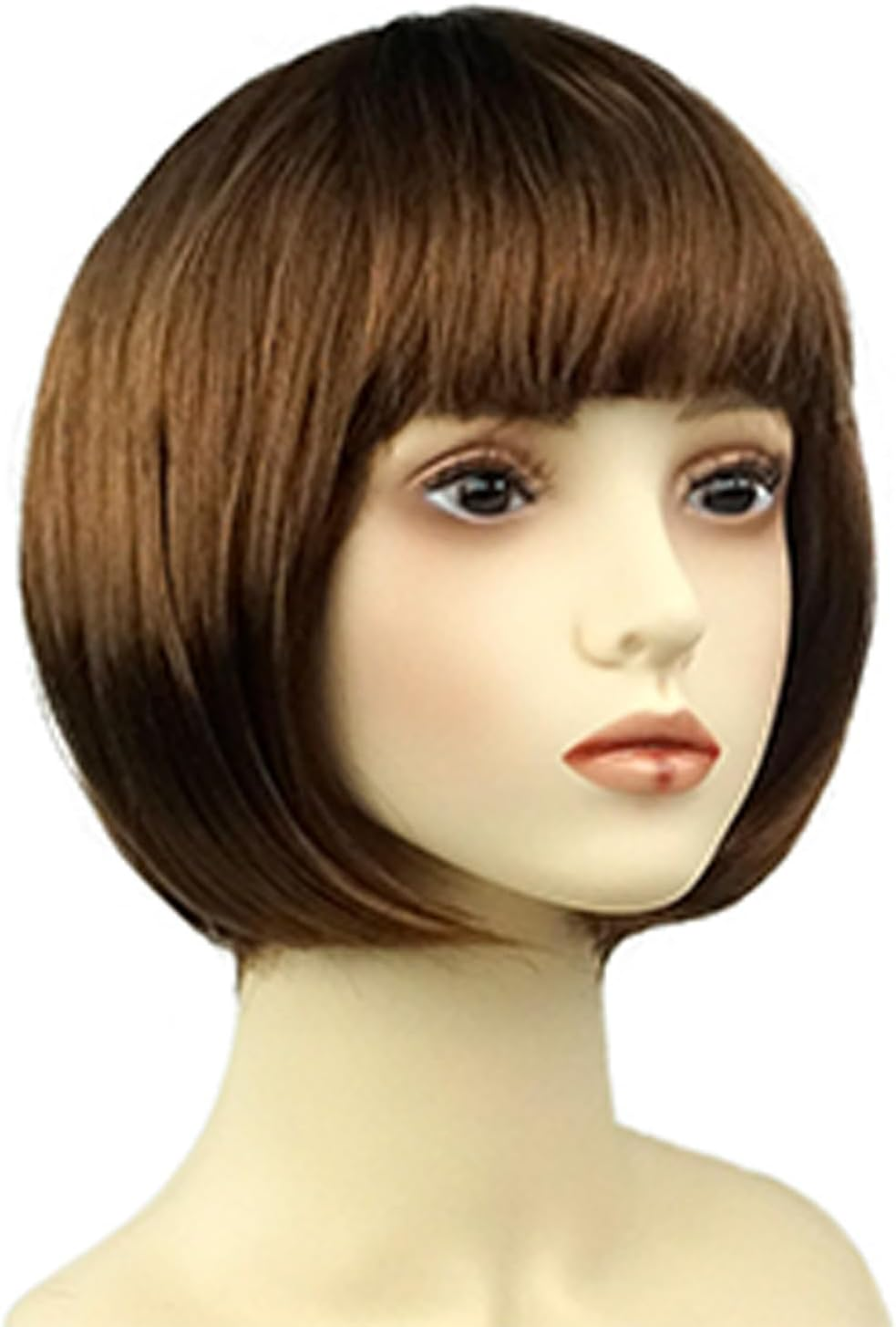 FEESHOW Short Straight Bob Wig with Flat Bangs Synthetic Hair for Women Girls Cosplay Costume Party Fashion Hairpiece Brown One Size