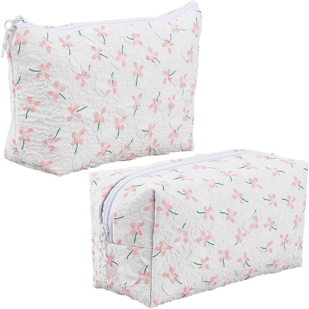 CABODYALS 2 Pieces 2 Styles Flowers Travel Cosmetic Bags Set White Quilted with Zip Make up Bags Cute Flowers Portable Storage Toiletries Organiser Make up Fabric Bag Bulk Pack