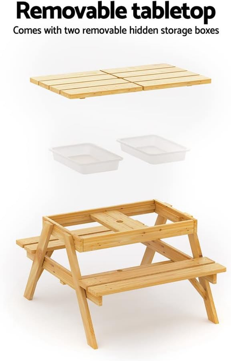 Keezi Kids Table and Chairs with Umbrella, 75 X 40 X 54Cm Outdoor Lounge Setting Picnic Water Tables Garden Benches Seat Sandpit Camping Beach Children Play Equipment, 2 Storage Boxes