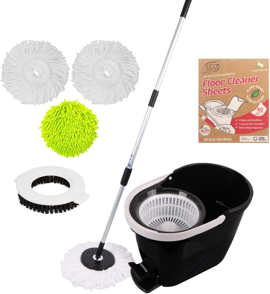 White Magic Duo Spin Mop Complete Set &ndash; 40 Floor Cleaning Sheets, 2 Microfibre Mop Heads, 1 Microfinger Mop Head & Scrubbing Brush - All-In-One Deep Floor Cleaning System image number 6
