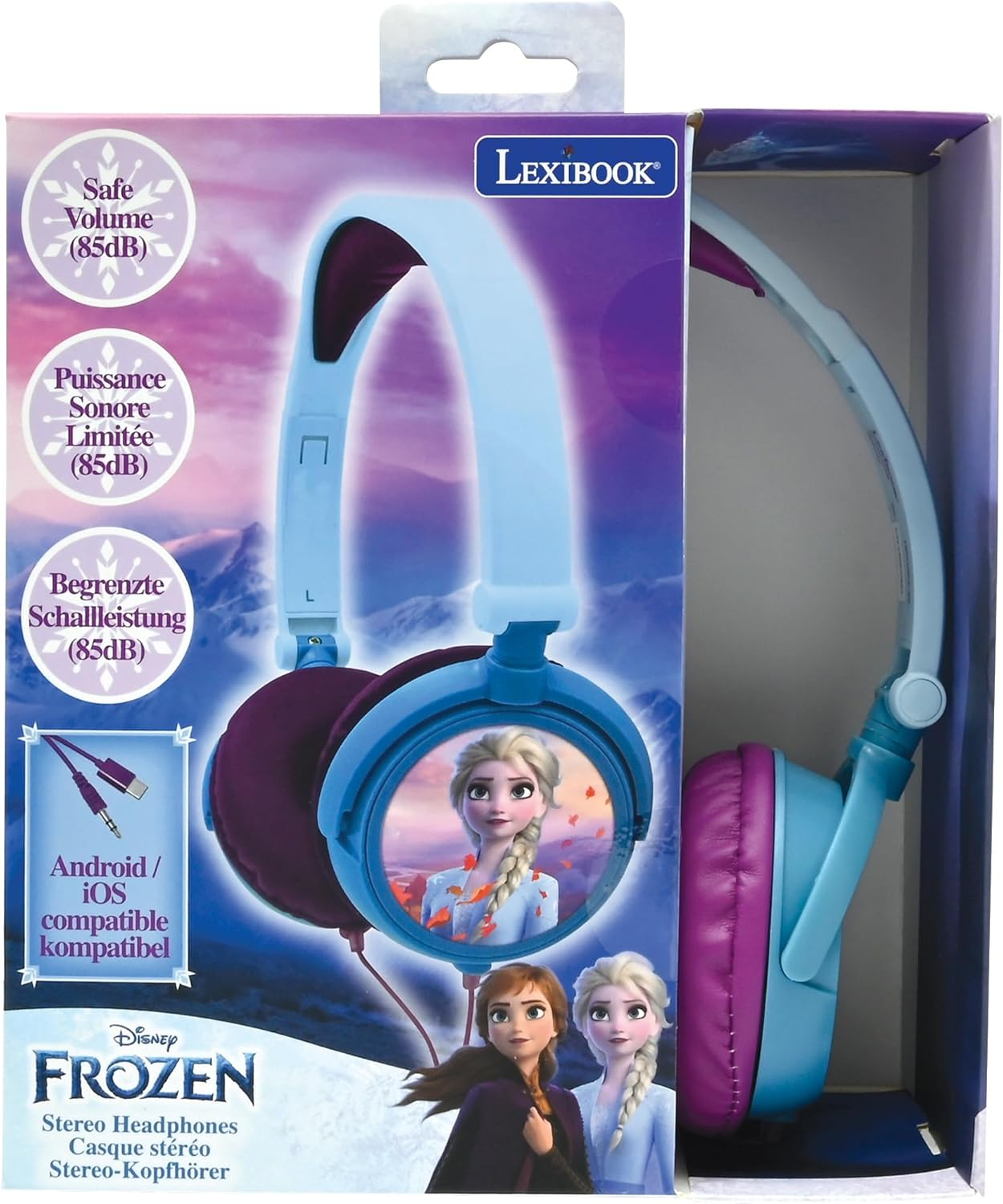 Lexibook Disney Frozen Elsa Stereo Headphones, Kid-Friendly Power, Foldable and Adjustable, Blue/Black, HP010FZ image number 1