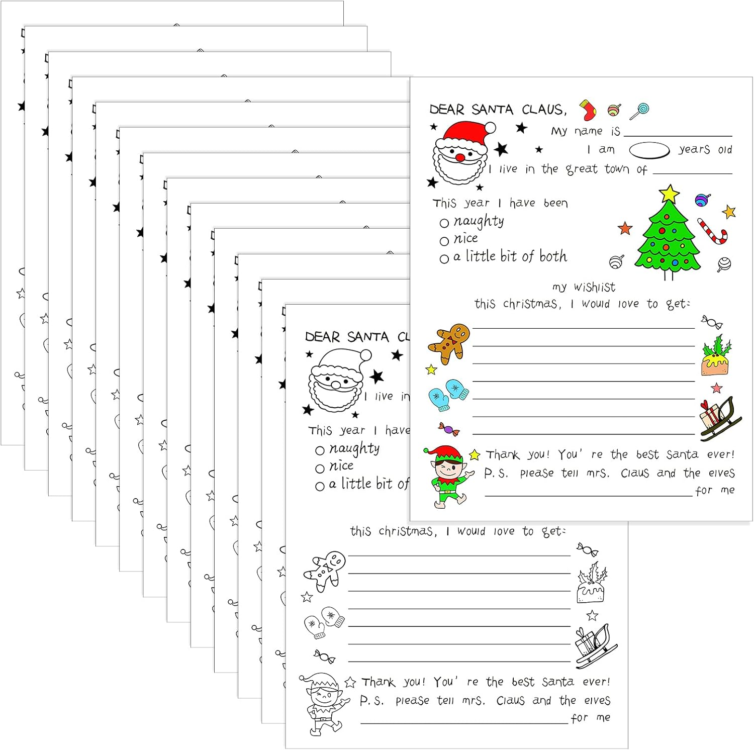 Spiareal Christmas Stationery Paper Color Your Own Letter to Santa 8.5 X 11 Inch Christmas Tree Gingerbread Coloring Writing Paper for Family Classroom Xmas Holidays DIY Craft Party Supplies(50 Pcs) image number 2