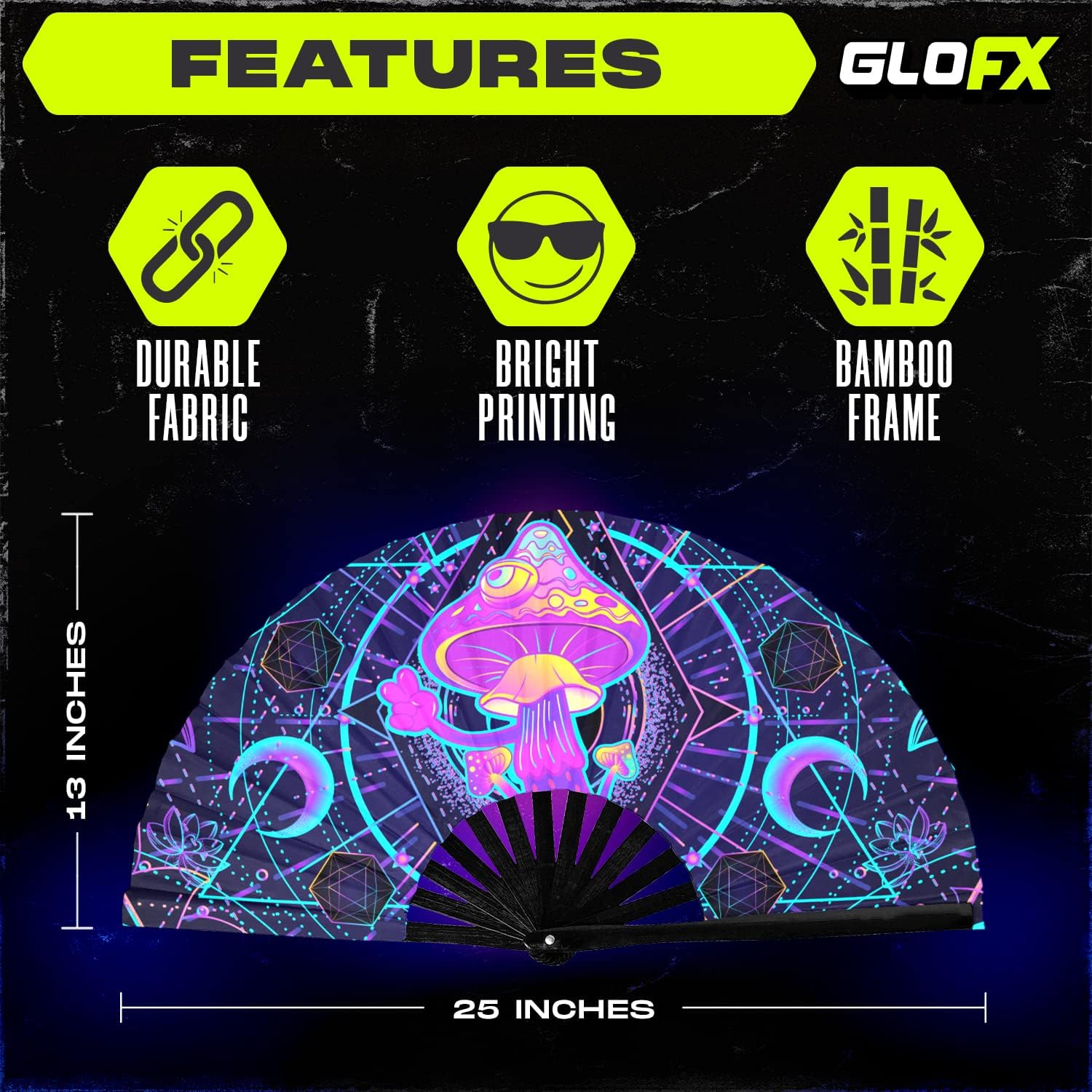 Glofx Rave Fan - UV Mushroom - Large Folding Fan - Music Festival Essential, EDM Rave Accessories, Folding Hand Fan, Clack Fan - Alice Cat image number 4